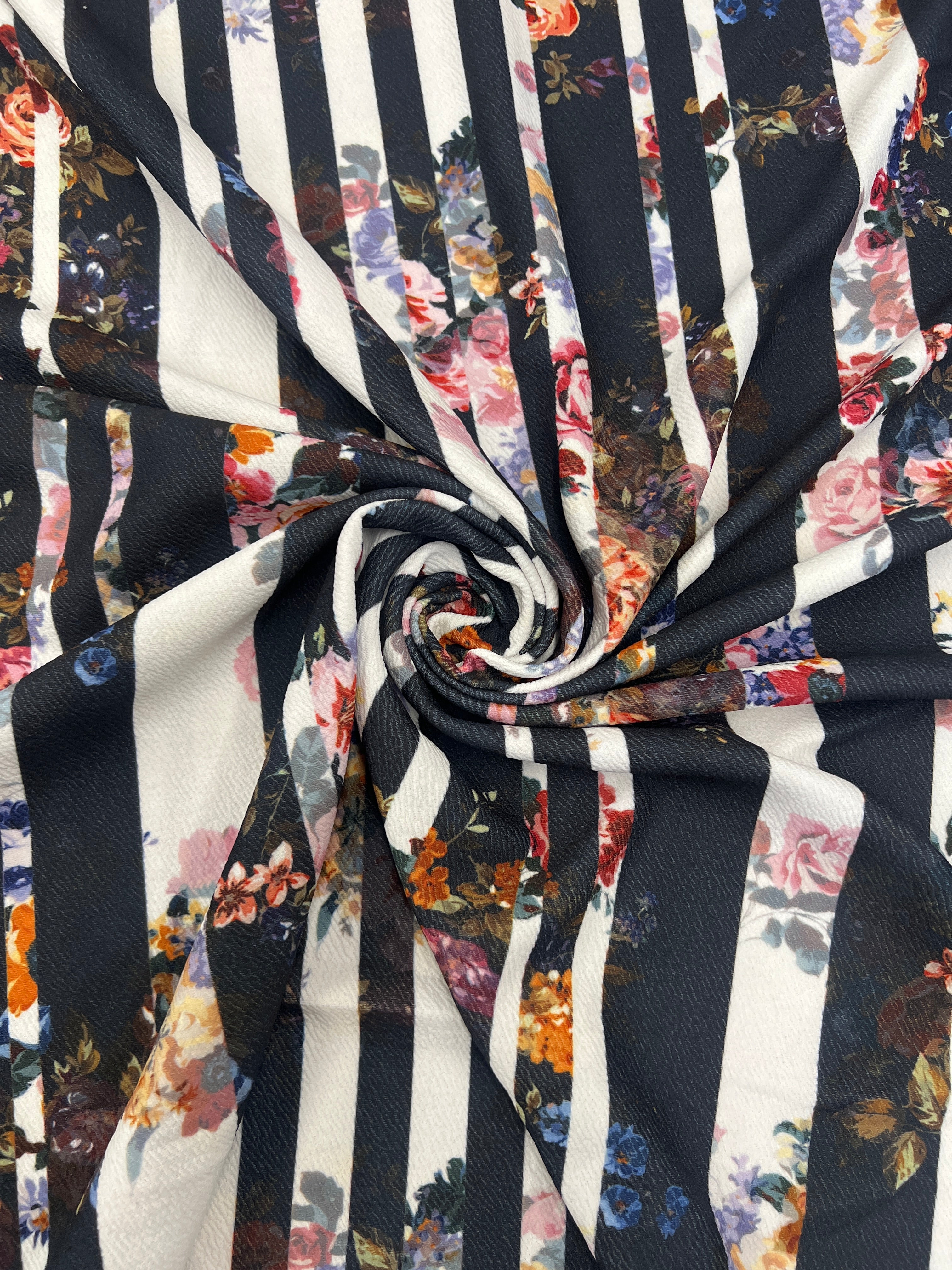 Black & White Floral Stripe Liverpool Fabric