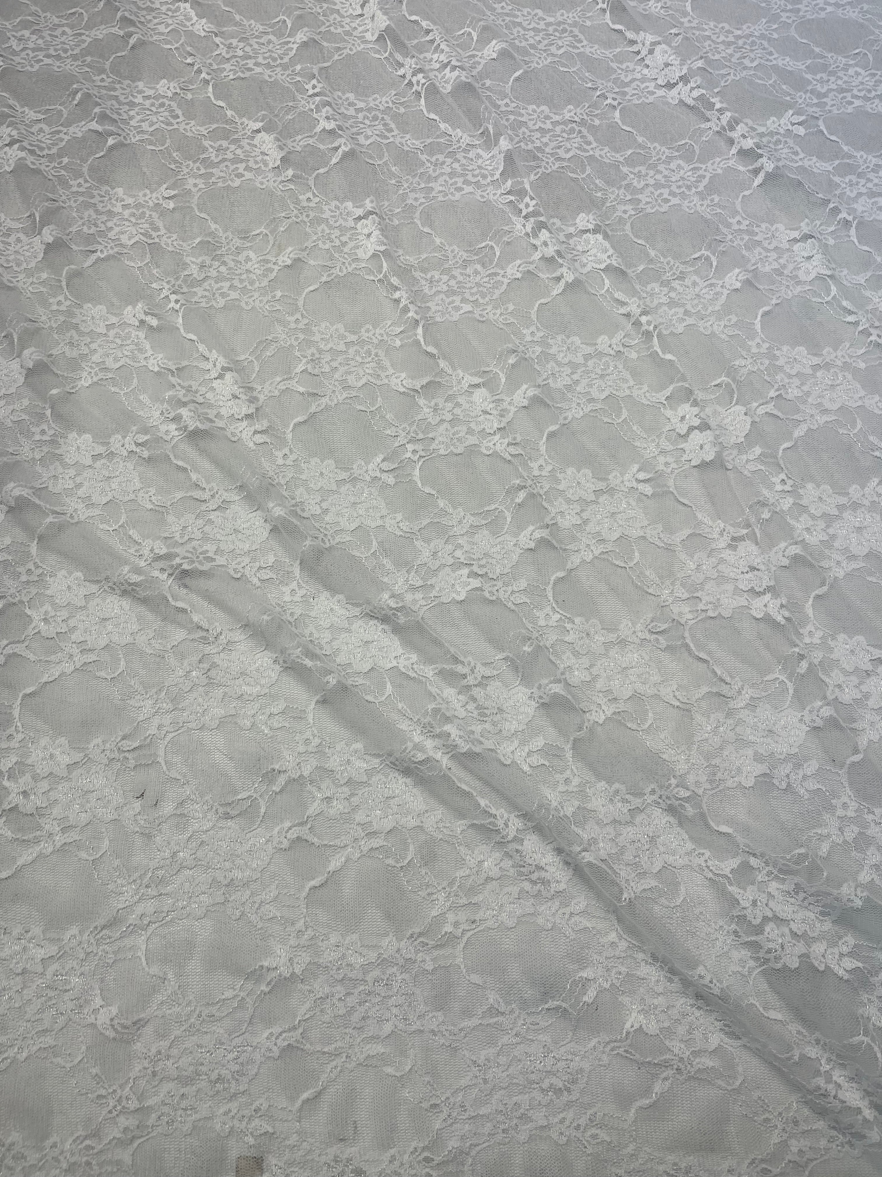 Ice White Floral Trellis Stretch Lace Fabric – dainty flower sprigs in a scalloped trellis over fine ice white net
