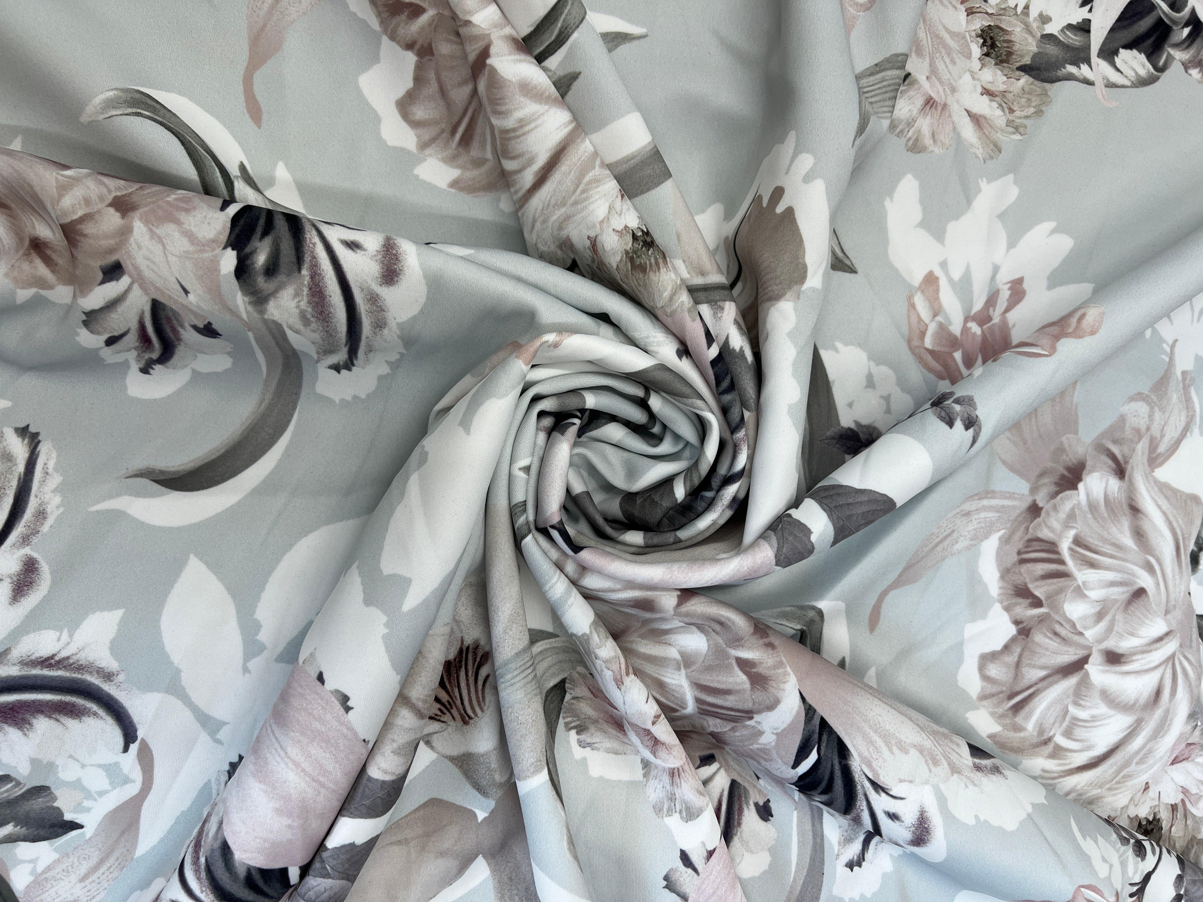 Soft Blush Botanical Floral Scuba Fabric – Pale Grey & Pink