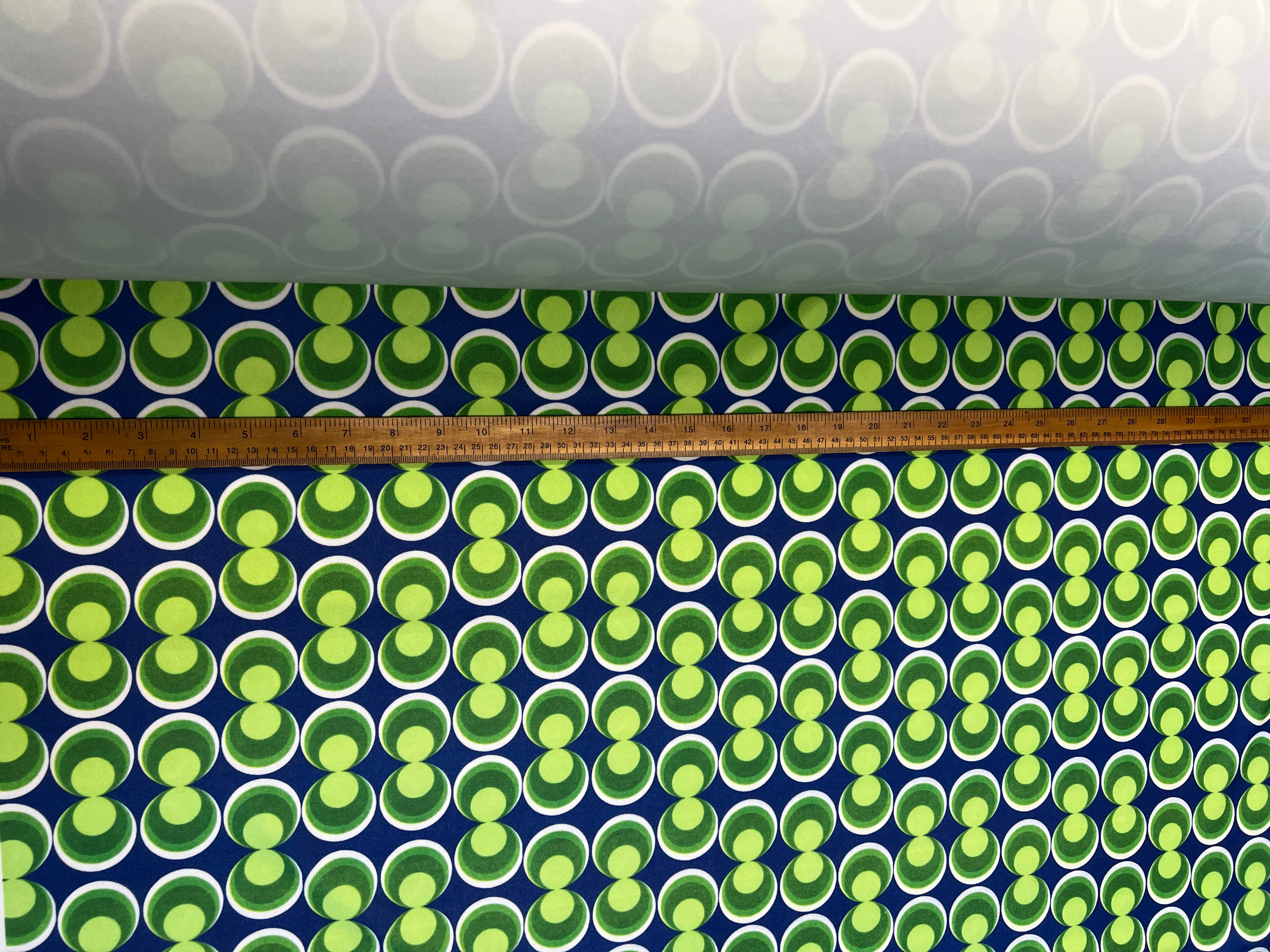 Retro Geometric Scuba Crepe Fabric – Blue & Green Circle Print Stretch Fabric, 153cm Wide