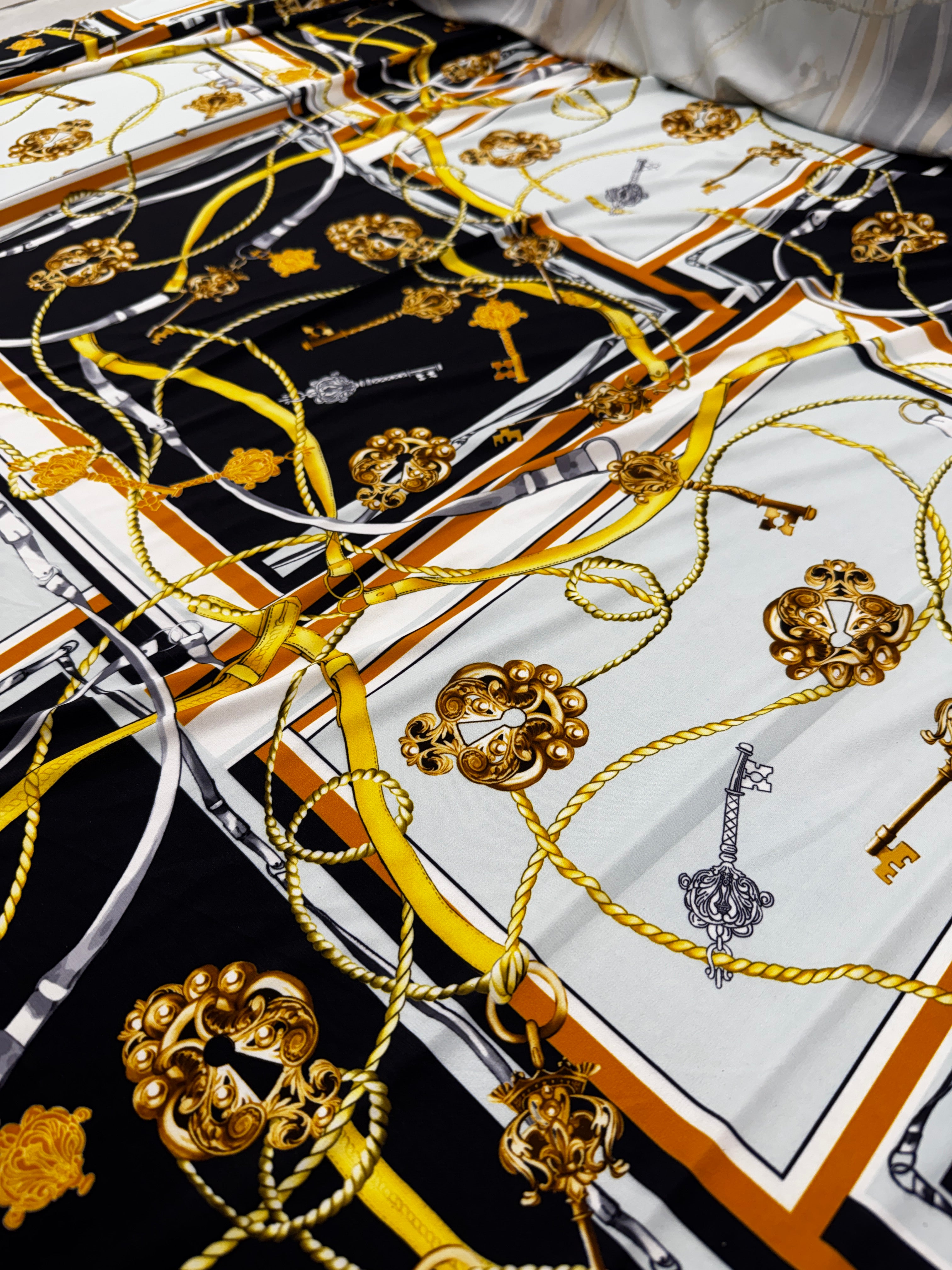 Chain & Key Print ITY Fabric – Black White Gold Scarf Style Stretch Jersey, 145cm Wide