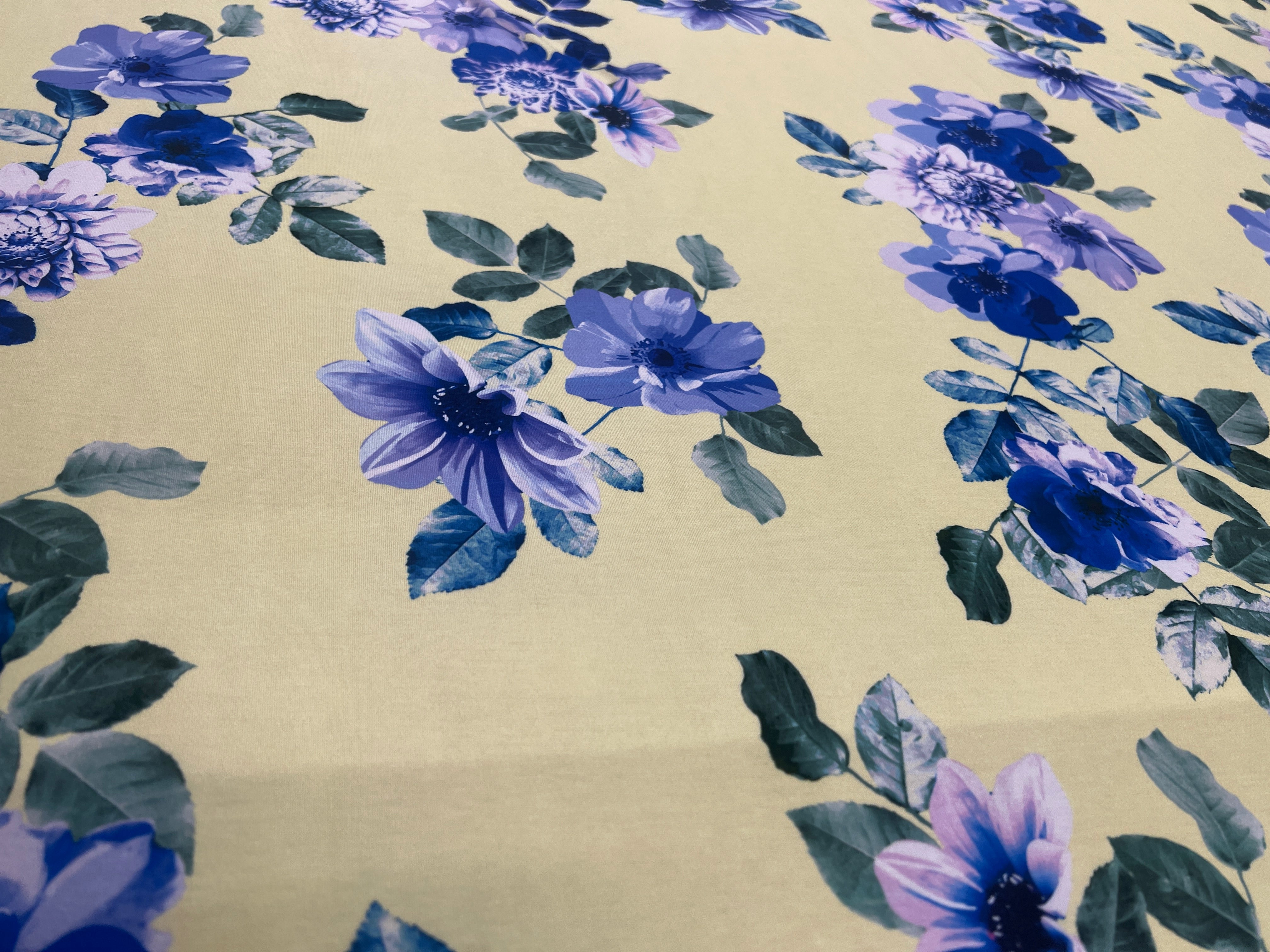 Lemon Yellow Blue Floral Single Jersey Fabric Dressmaking