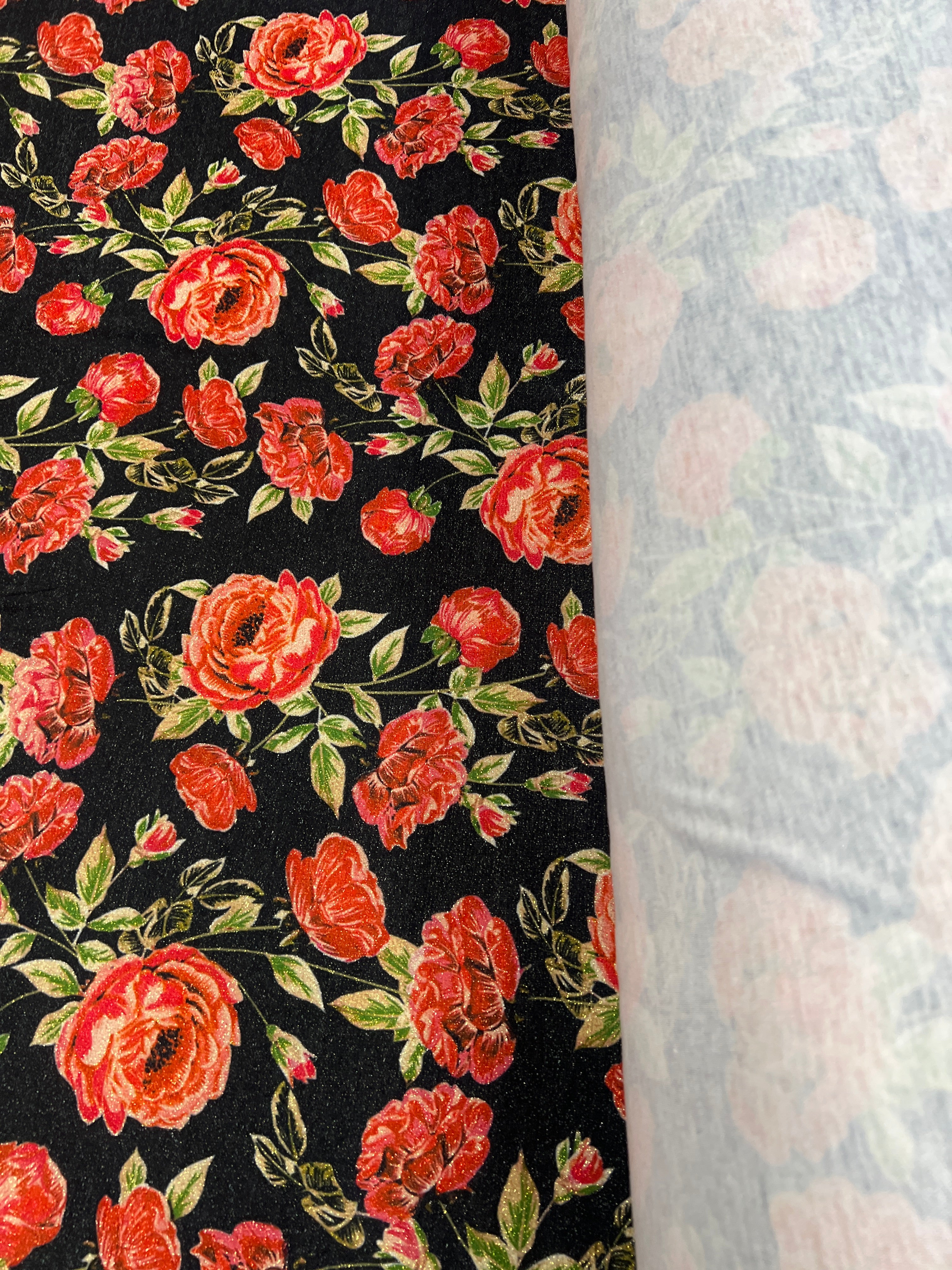Valentino Crepe Glitter Fabric – Red Rose Floral