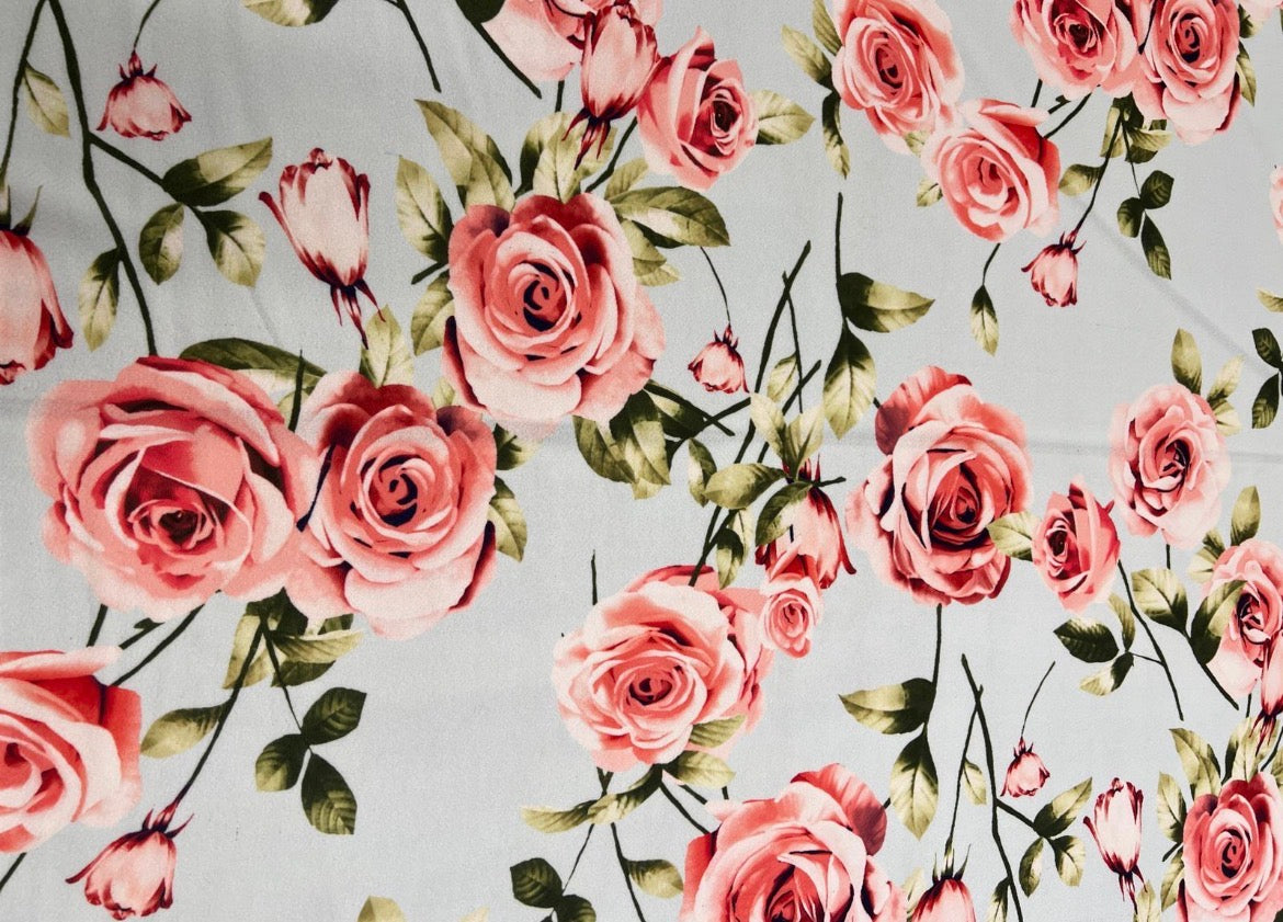 Blush Pink Rose Floral Liverpool Fabric – Soft Blue & Green