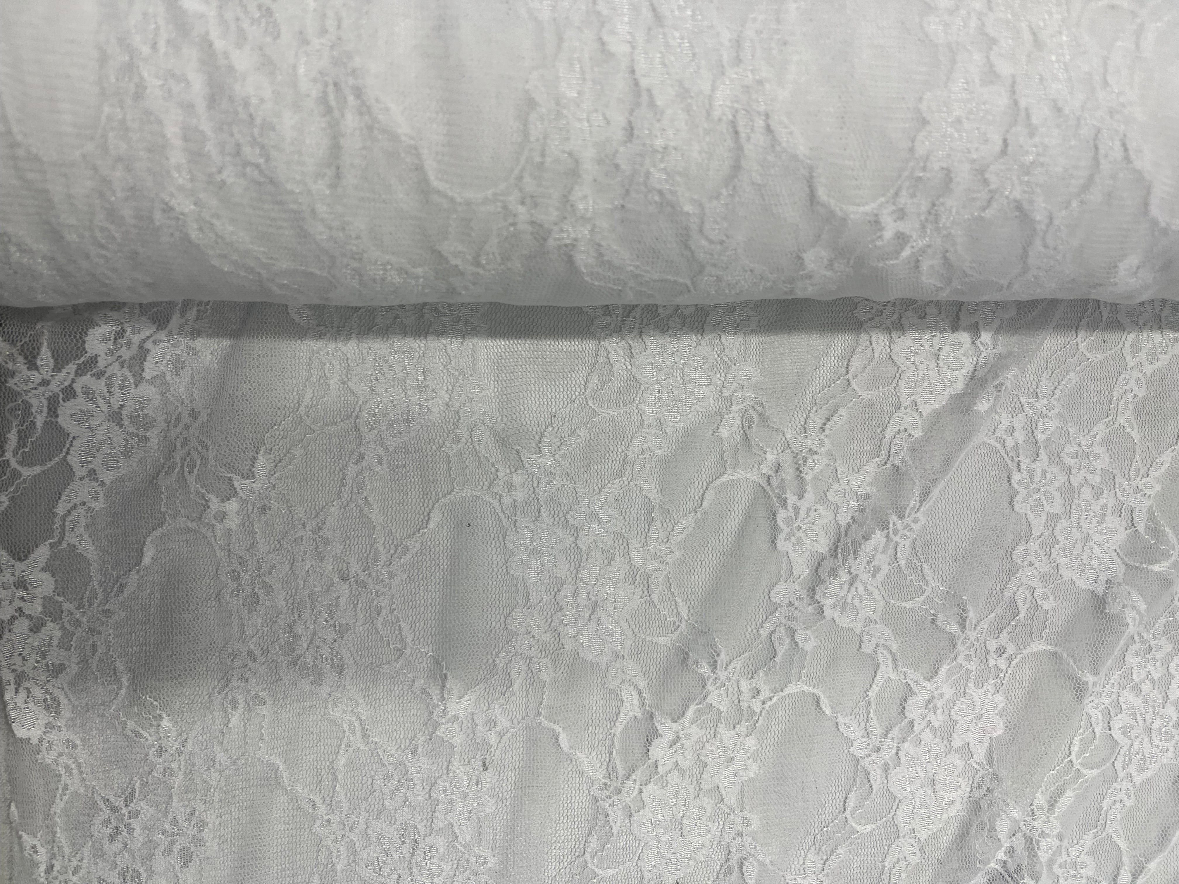 Ice White Floral Trellis Stretch Lace Fabric – dainty flower sprigs in a scalloped trellis over fine ice white net