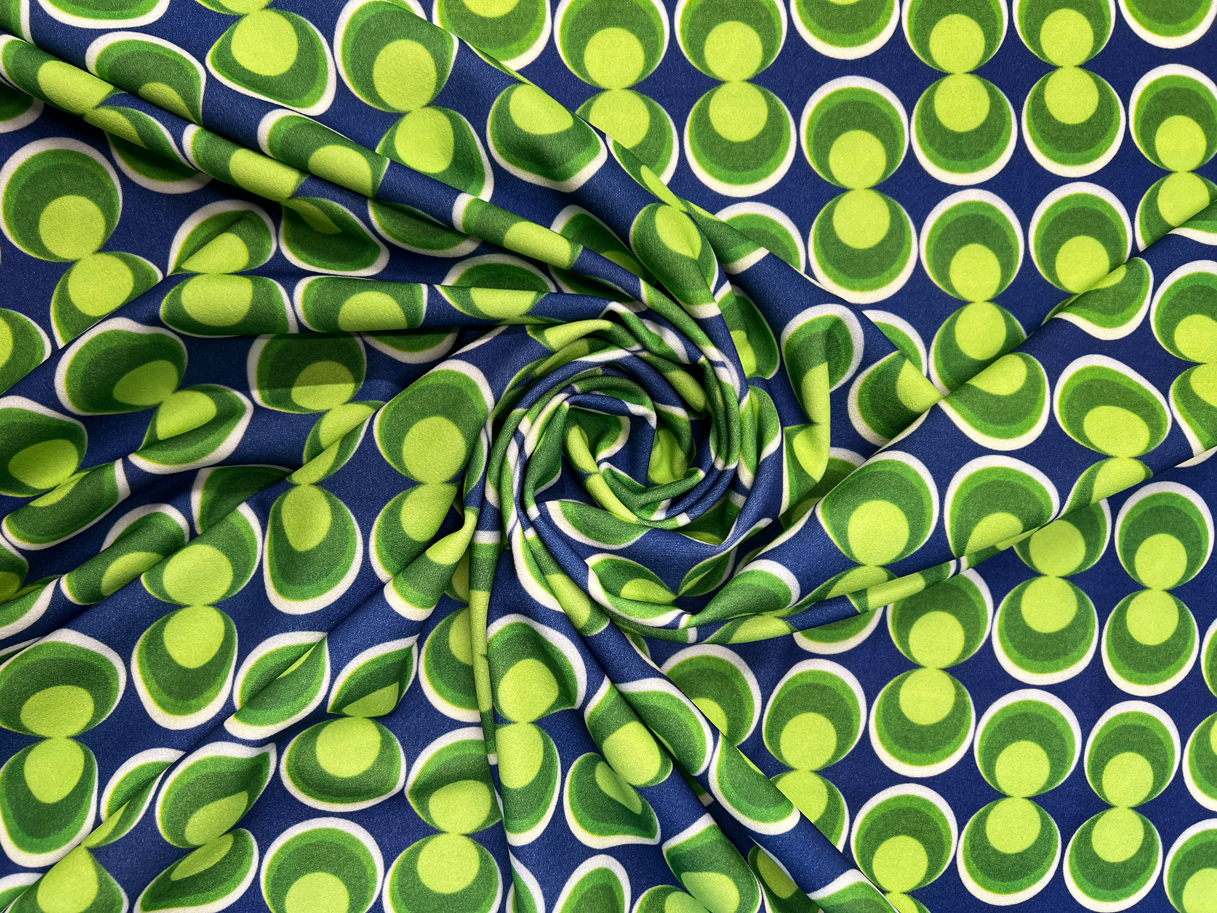 Retro Geometric Scuba Crepe Fabric – Blue & Green Circle Print Stretch Fabric, 153cm Wide