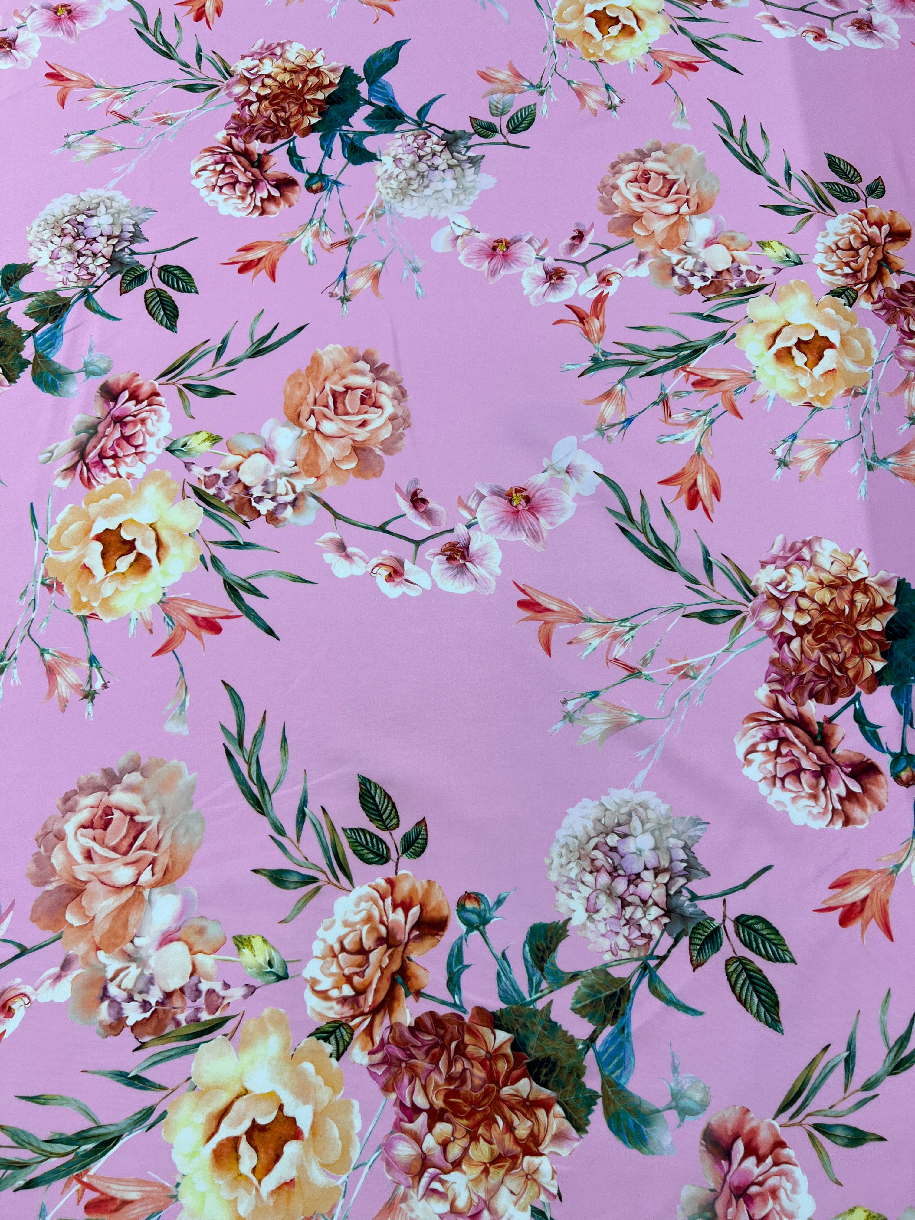 Pink Floral Scuba Fabric – Large Rose  Hydrangea Print