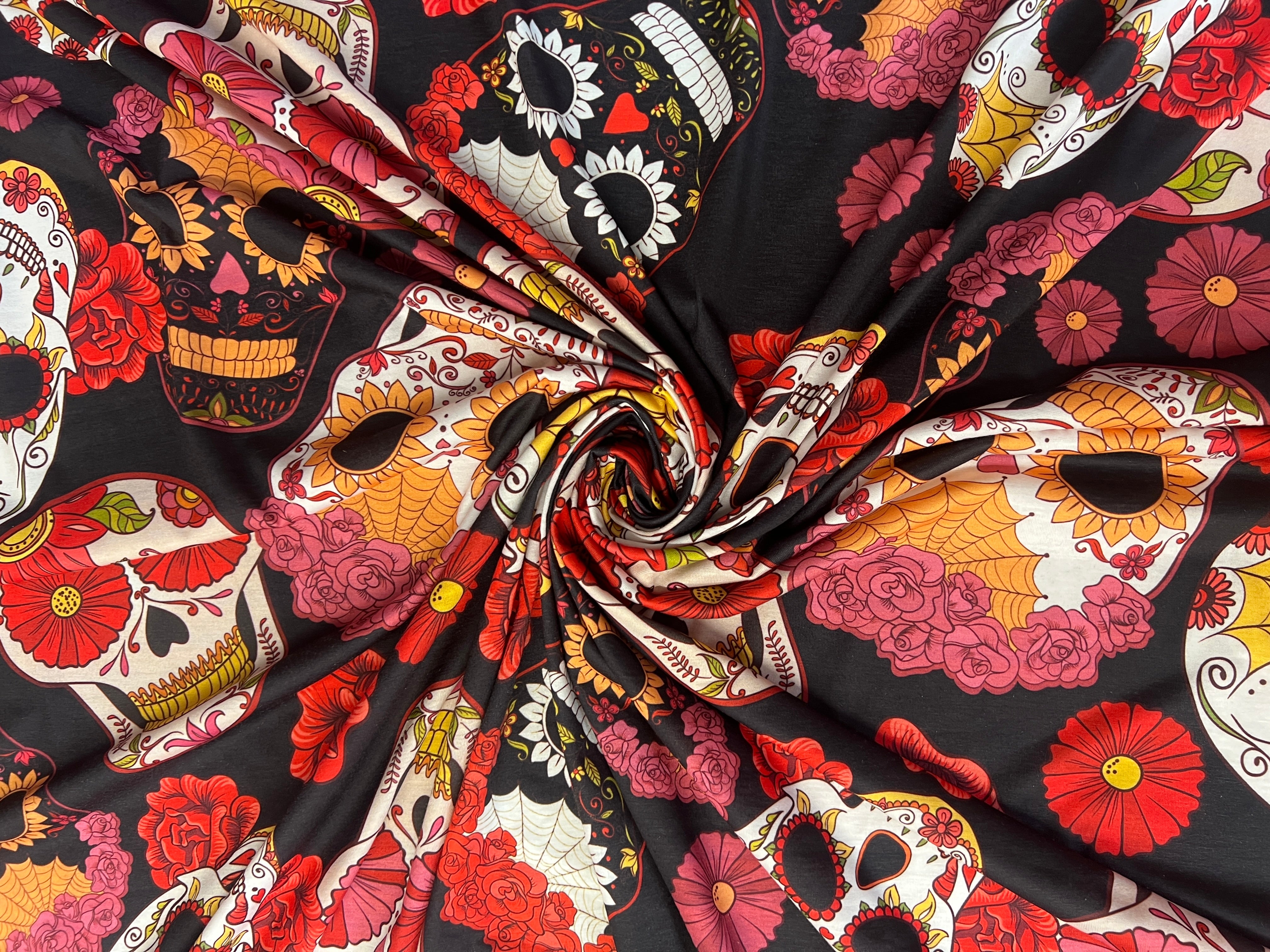 Sugar Skull Black Floral Halloween Dressmaking Fabric