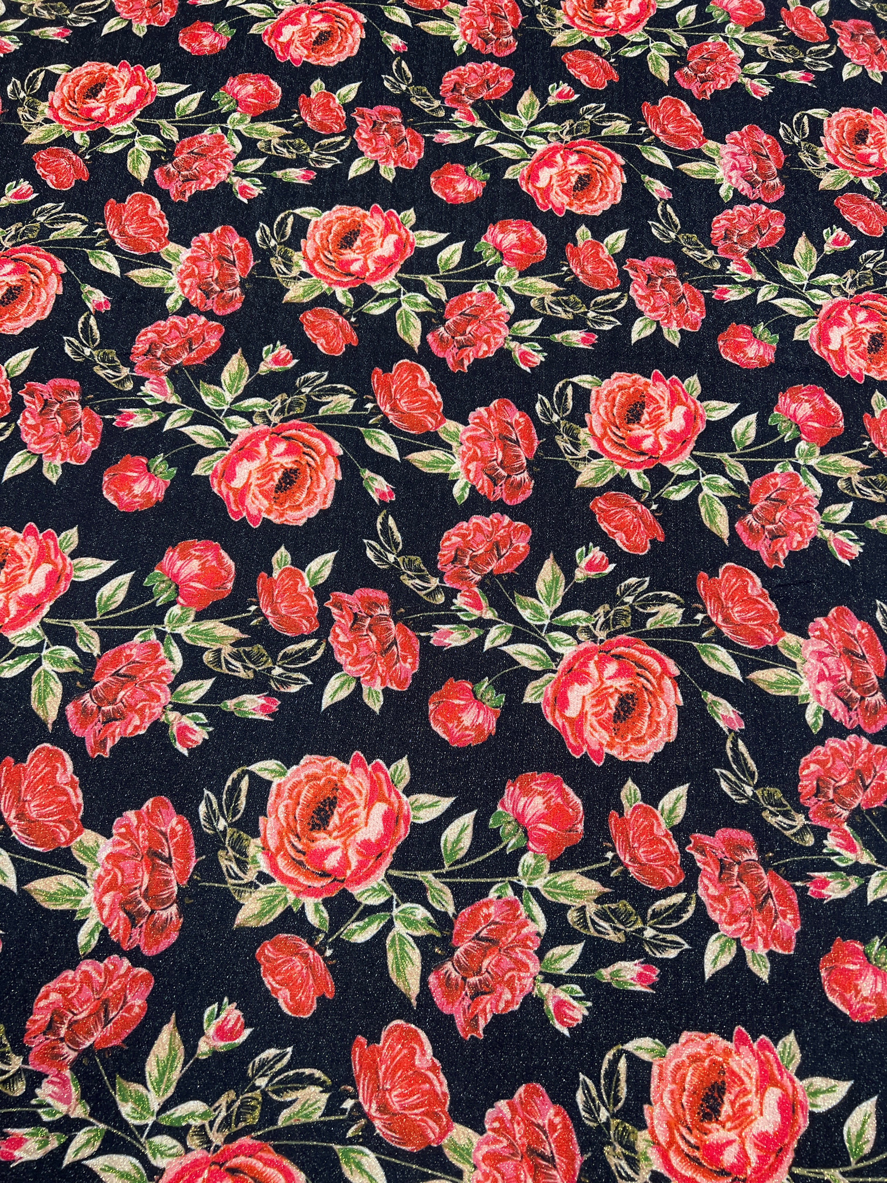 Valentino Crepe Glitter Fabric – Red Rose Floral