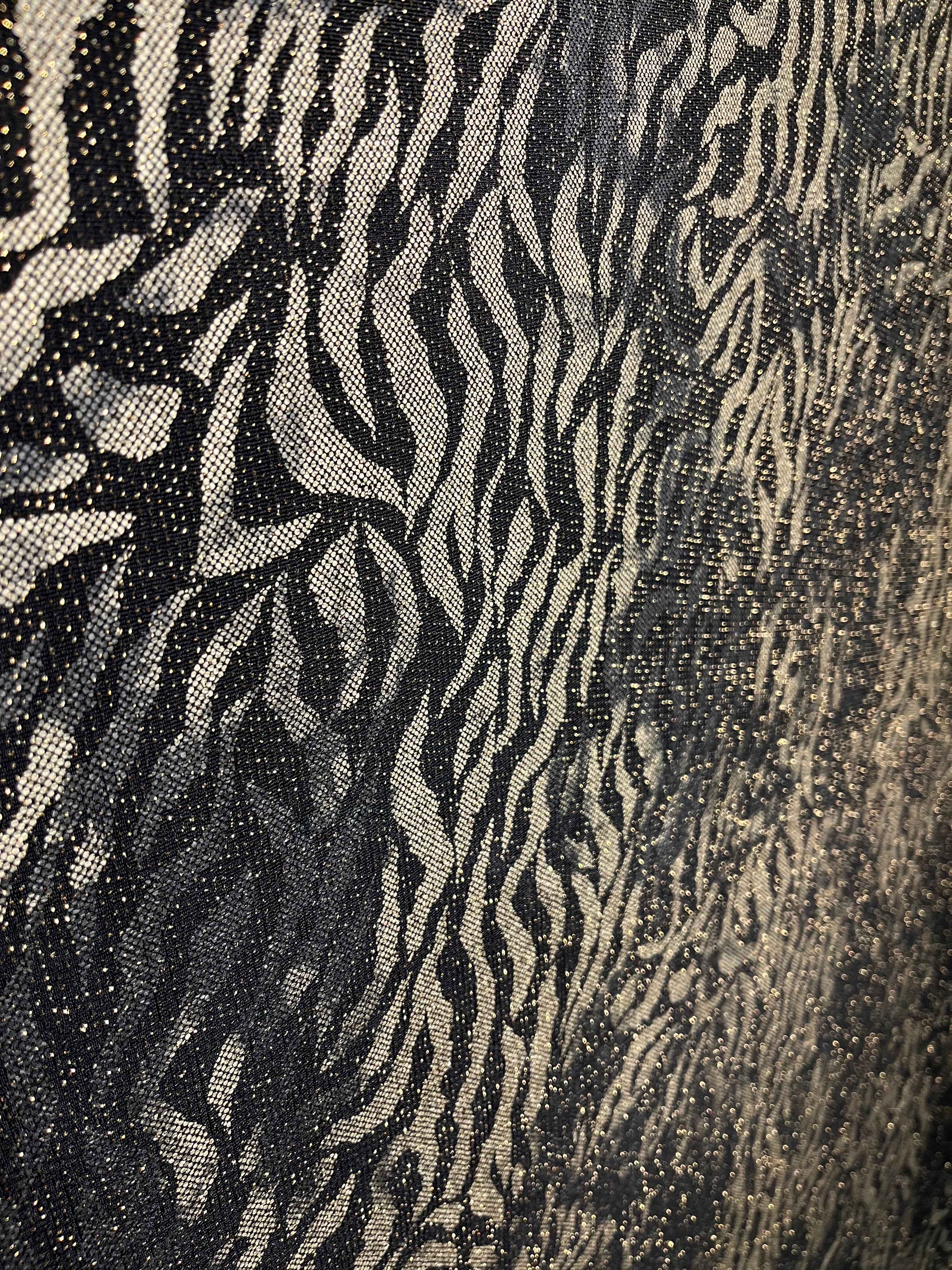 Black & Gold Zebra Print Lurex Fabric – Metallic Animal Print Stretch Lurex Material for Dresses & Performance Wear 155cm Wide