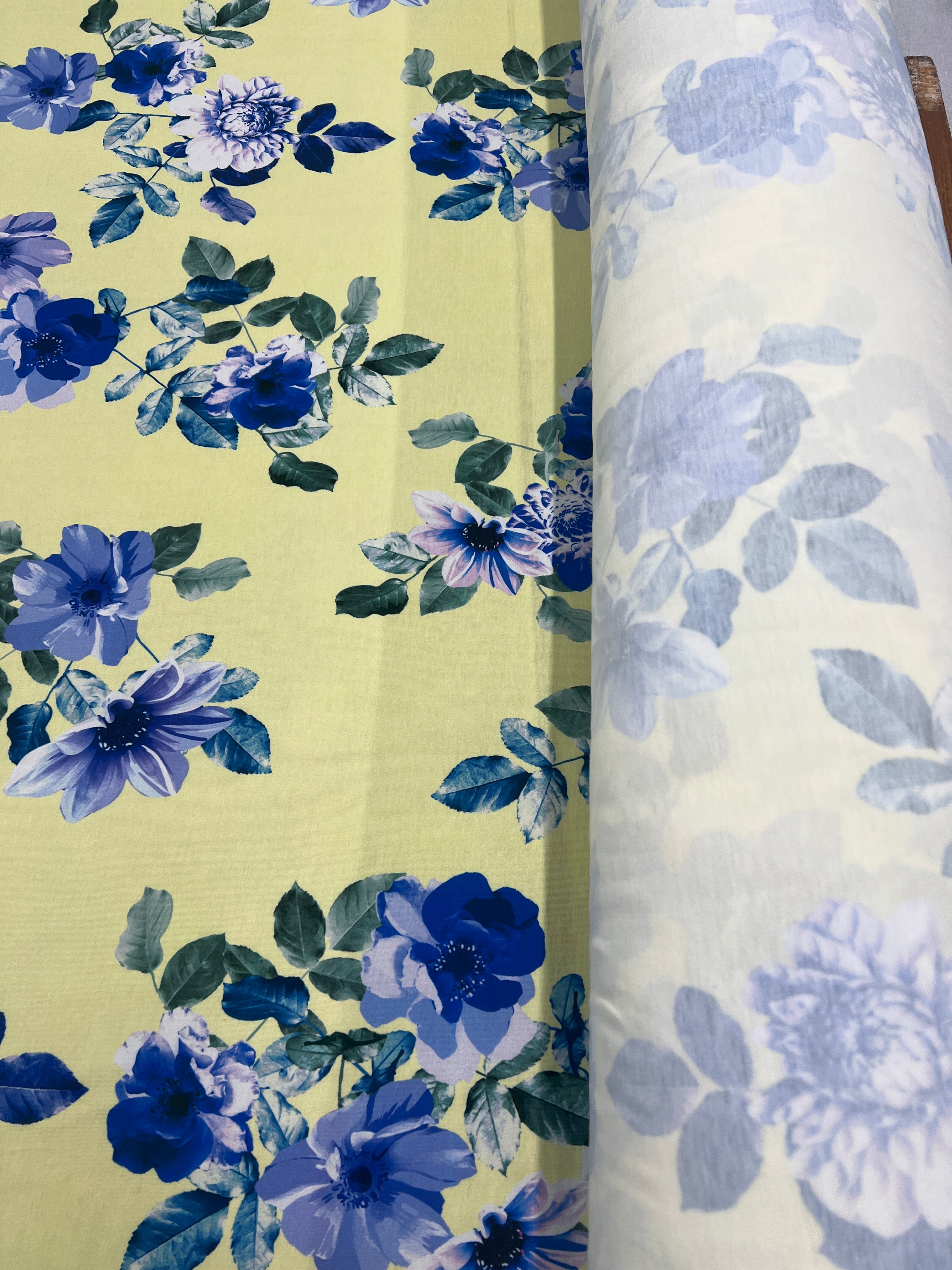 Lemon Yellow Blue Floral Single Jersey Fabric Dressmaking