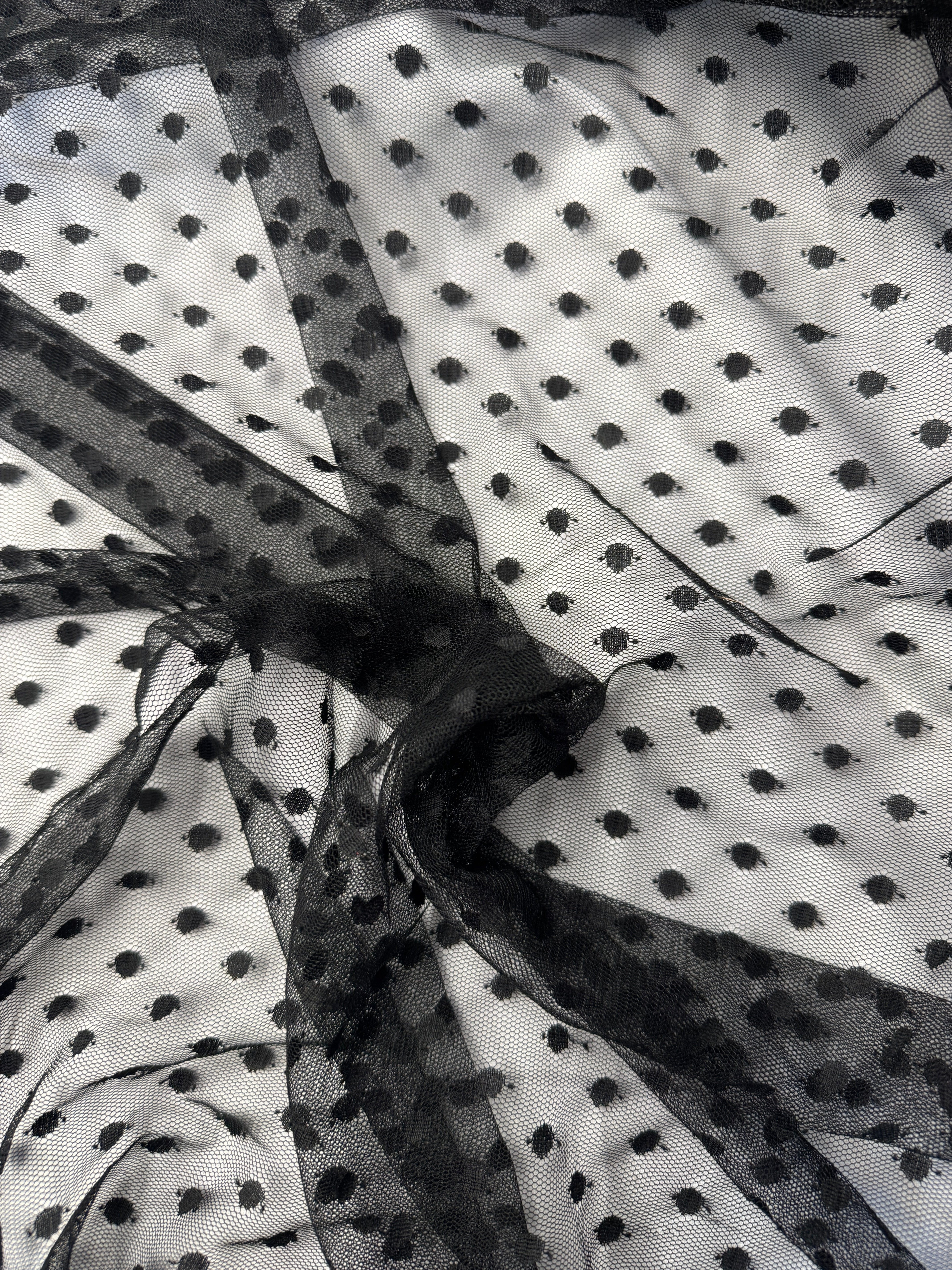 Black Flocked Polka Dot Dobby Mesh Two-Way Stretch, 135cm Wide