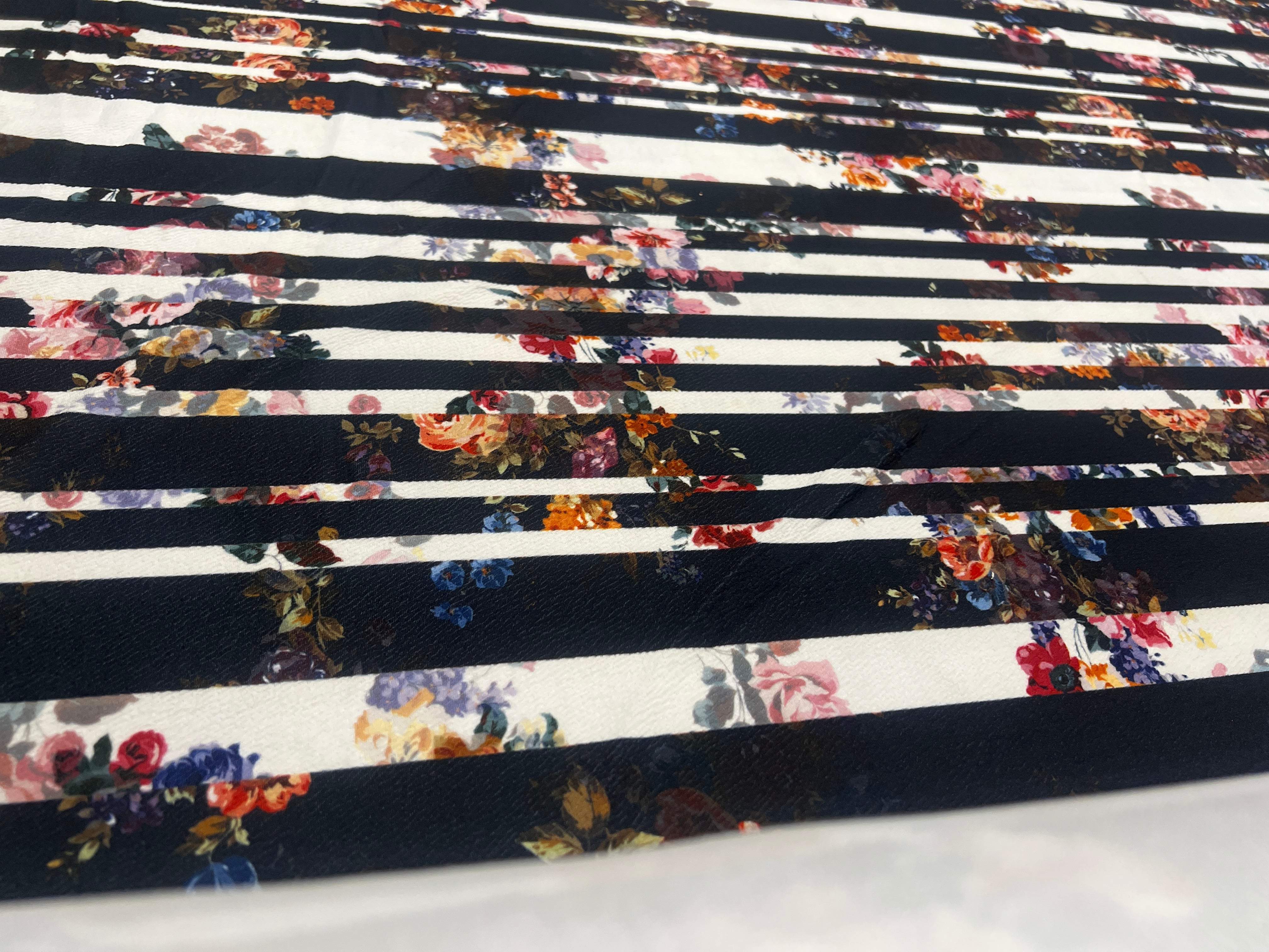 Black & White Floral Stripe Liverpool Fabric