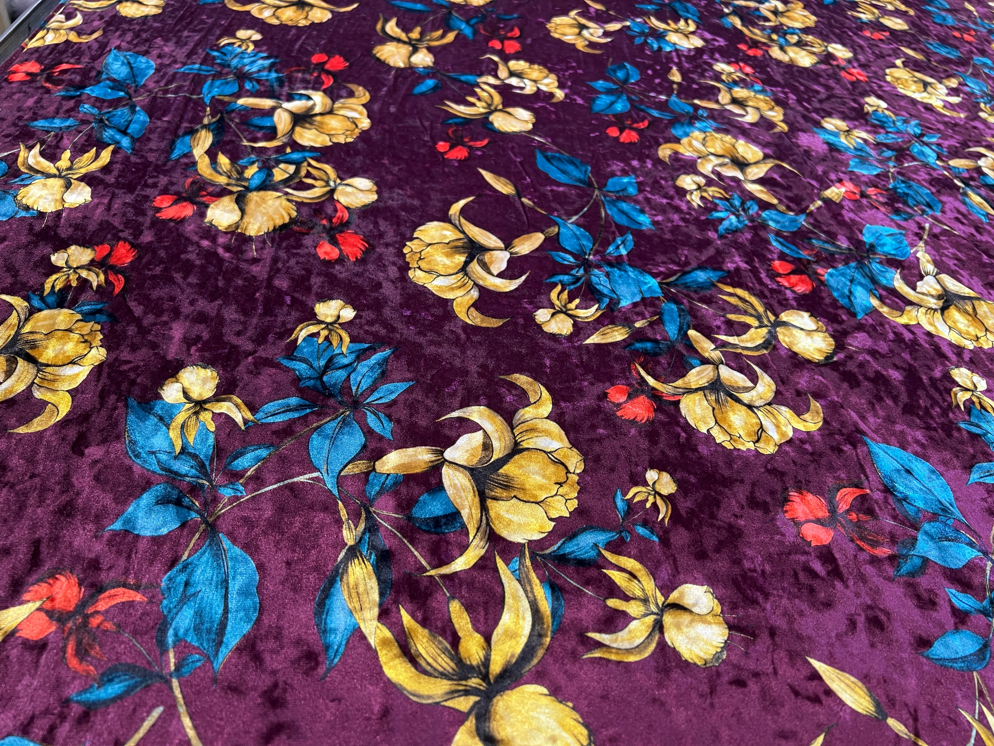 Golden Iris Floral Velvet Fabric – Burgundy, Teal & Gold