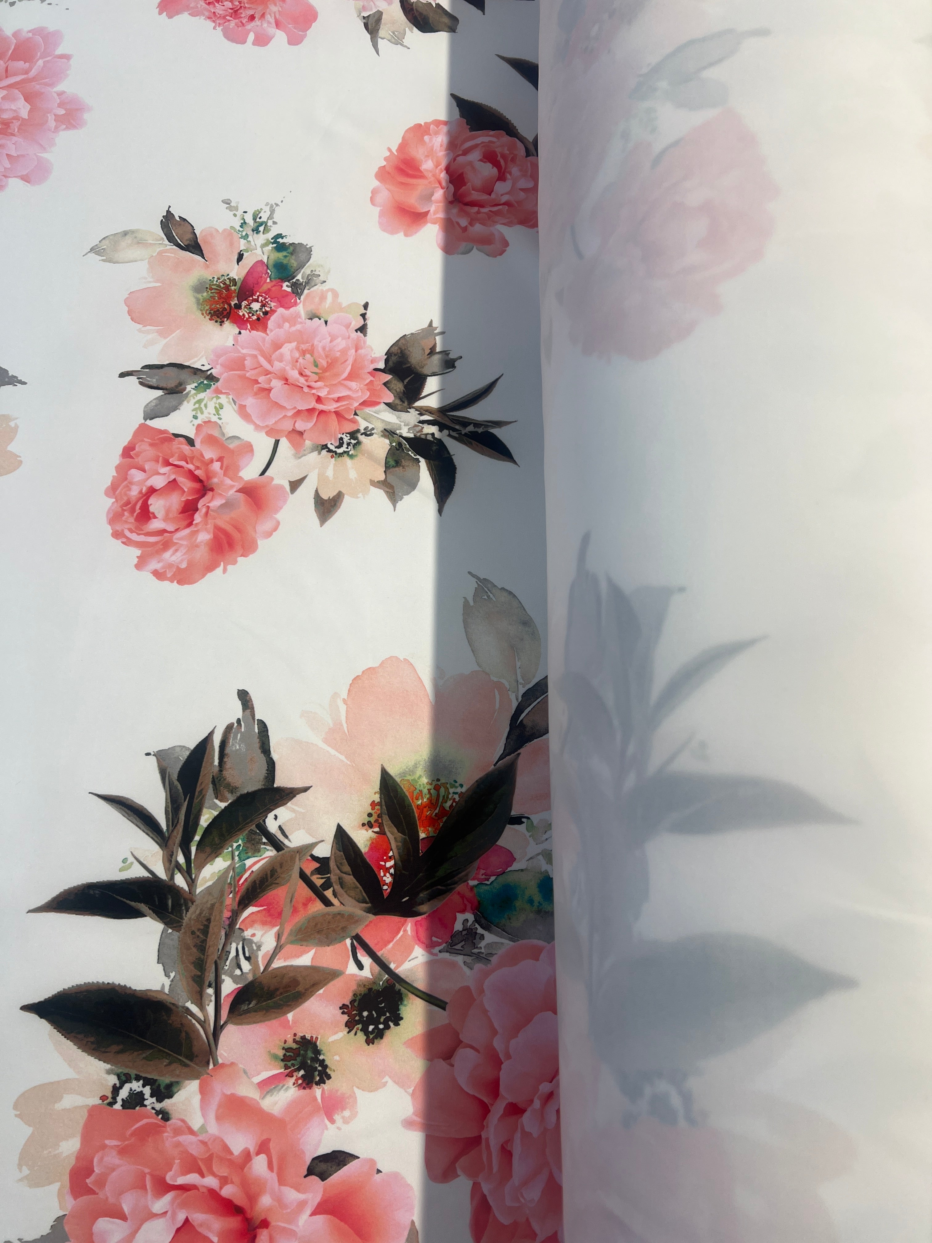 Ivory & Pink Floral Scuba Fabric – Peony Flower Print Stretch Scuba, 150cm Wide Dress Fabric