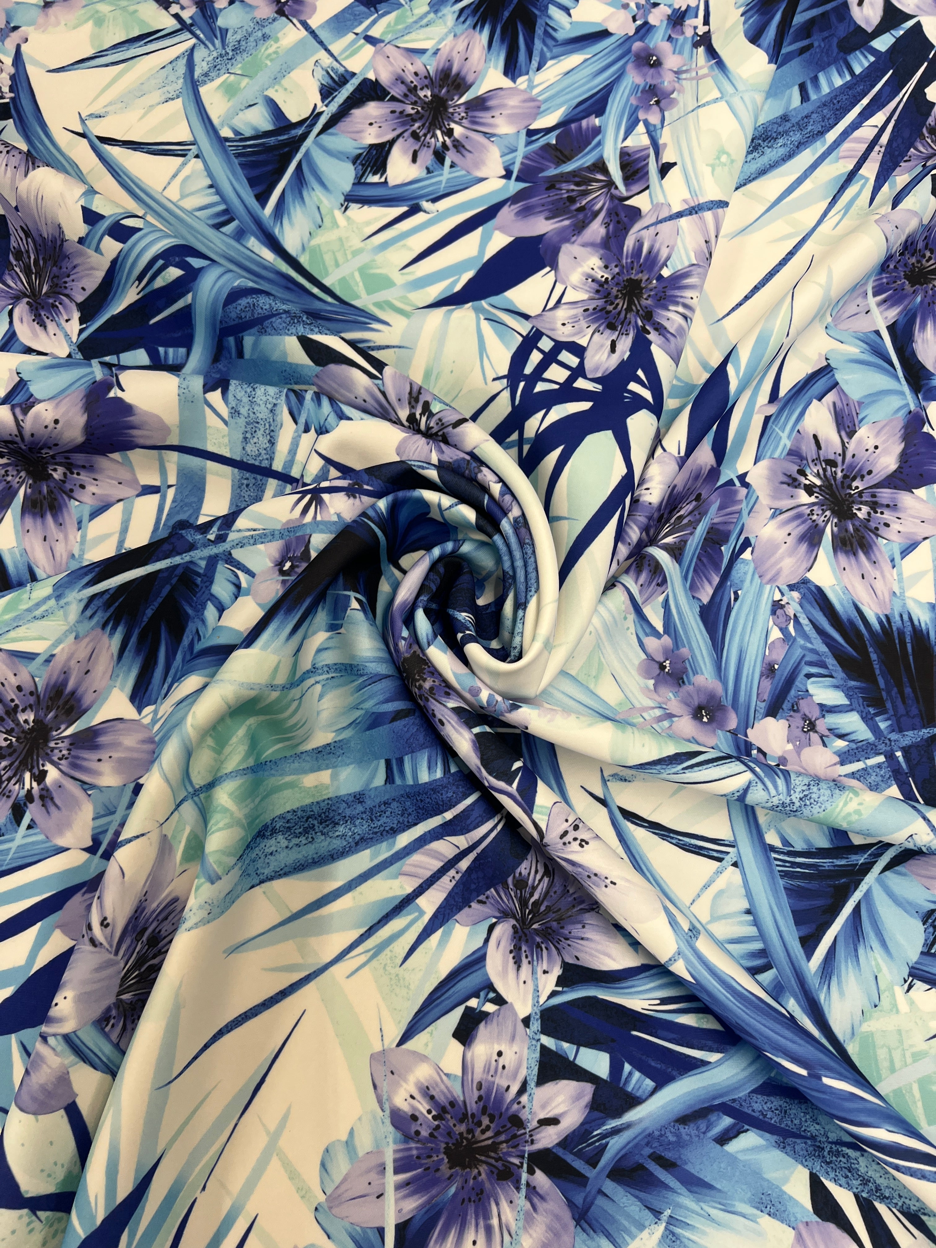 Blue Tropical Floral Scuba Fabric – Lilies & Palm Leaf Print