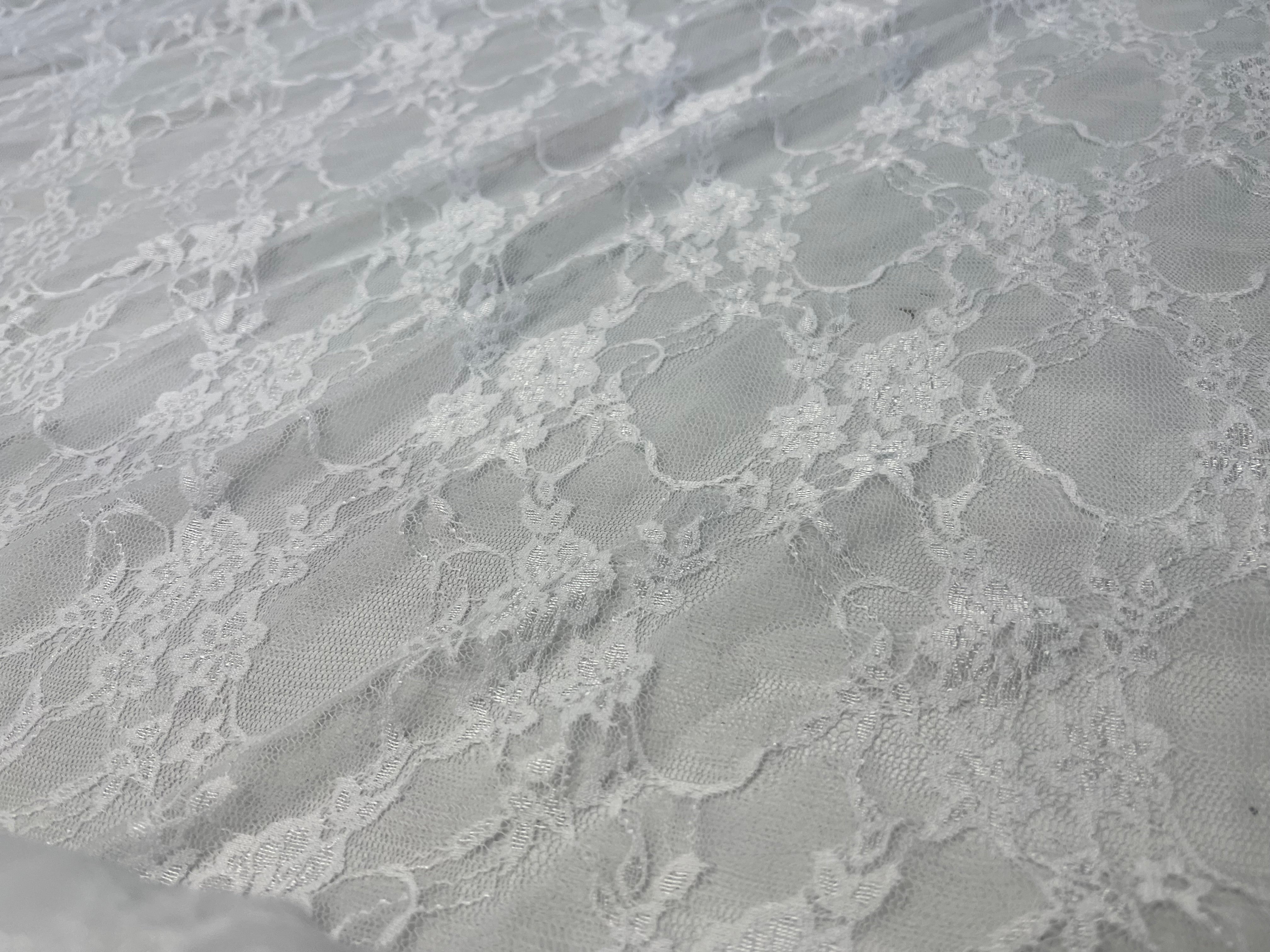Ice White Floral Trellis Stretch Lace Fabric – dainty flower sprigs in a scalloped trellis over fine ice white net