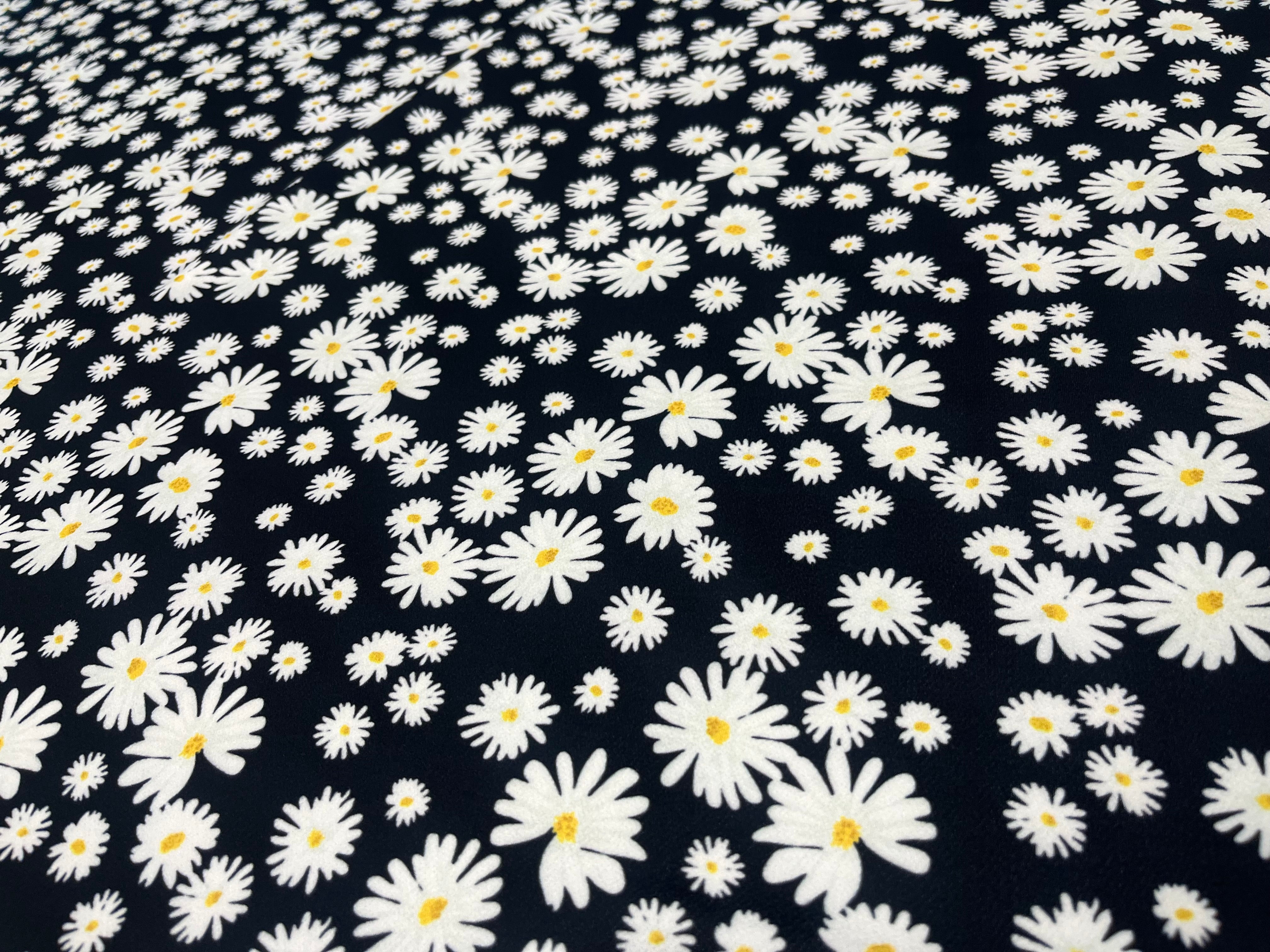 Black Daisy Floral Liverpool Fabric –  Material for Dresses & Apparel ,145cm Wide