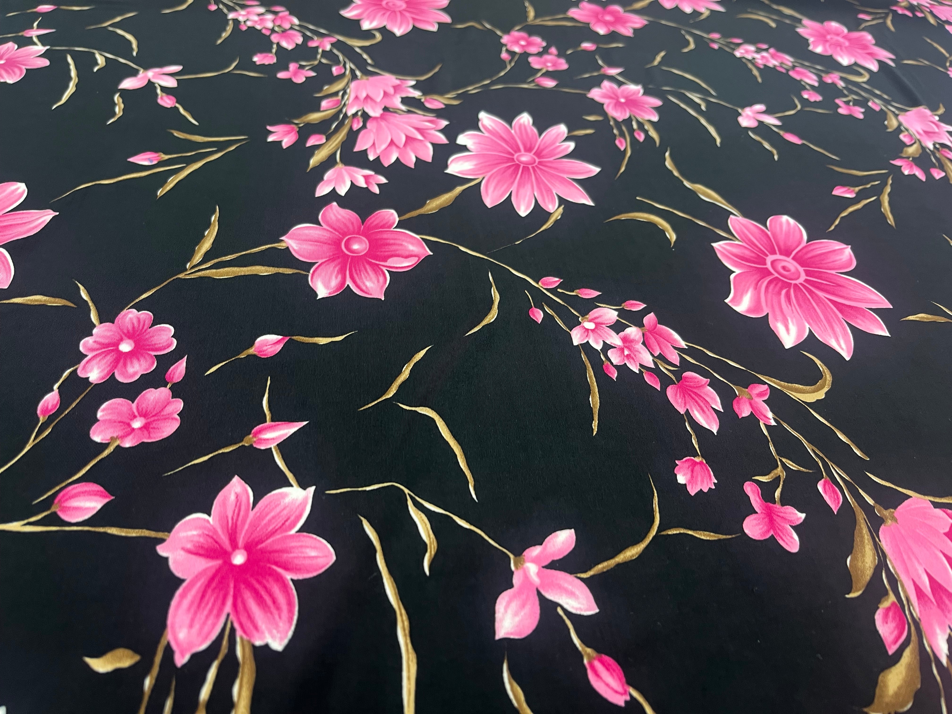 Black & Fuchsia Floral Soft Touch Slinky Fabric 143cm wide