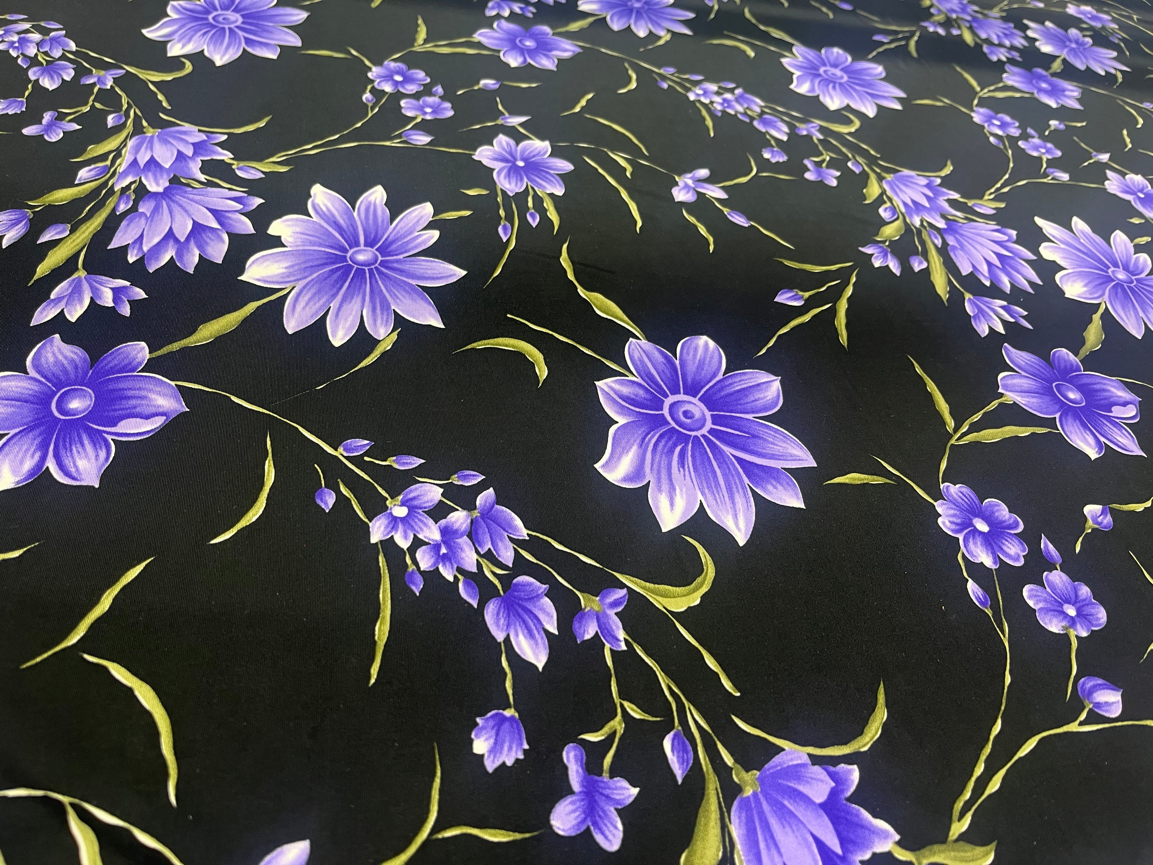 Black & Lavender Wildflower Floral Soft Touch Slinky Fabric 141cm Wide