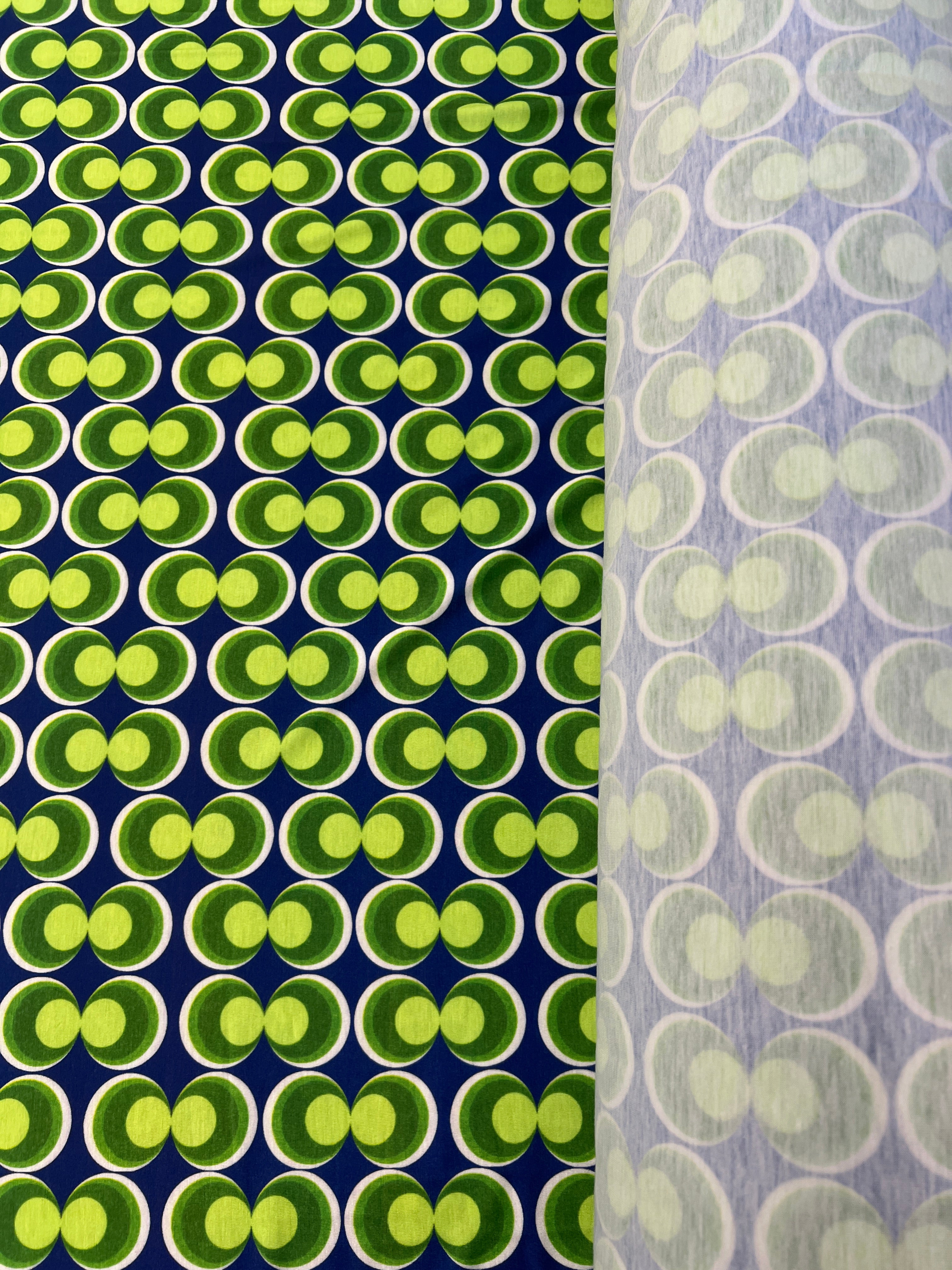 Blue & Green Retro Geometric Spun Polyester Fabric – Circle Print Dress Fabric, 153cm Wide
