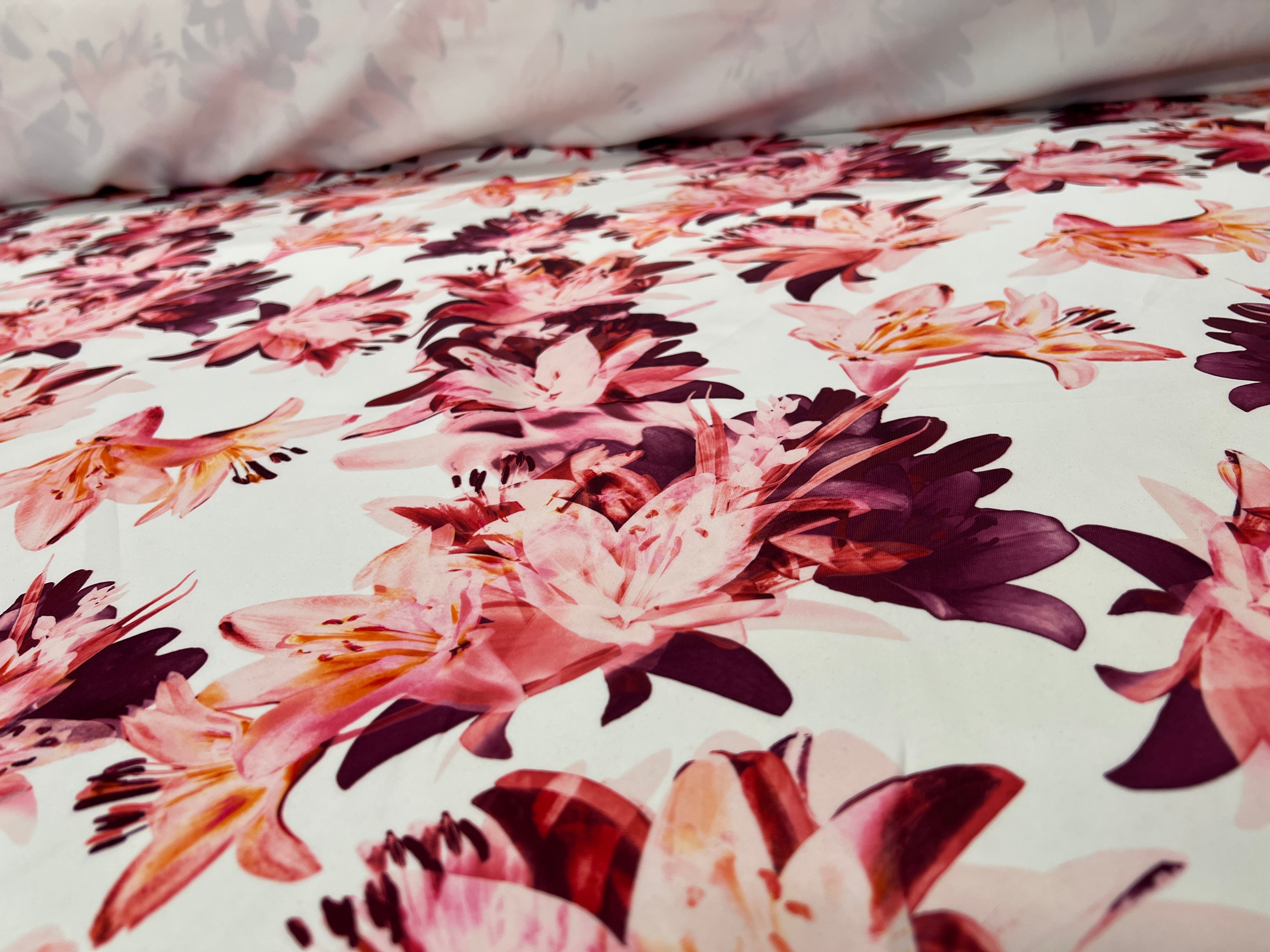 Pink Lily Floral Scuba Fabric – Burgundy & Blush Flower Print