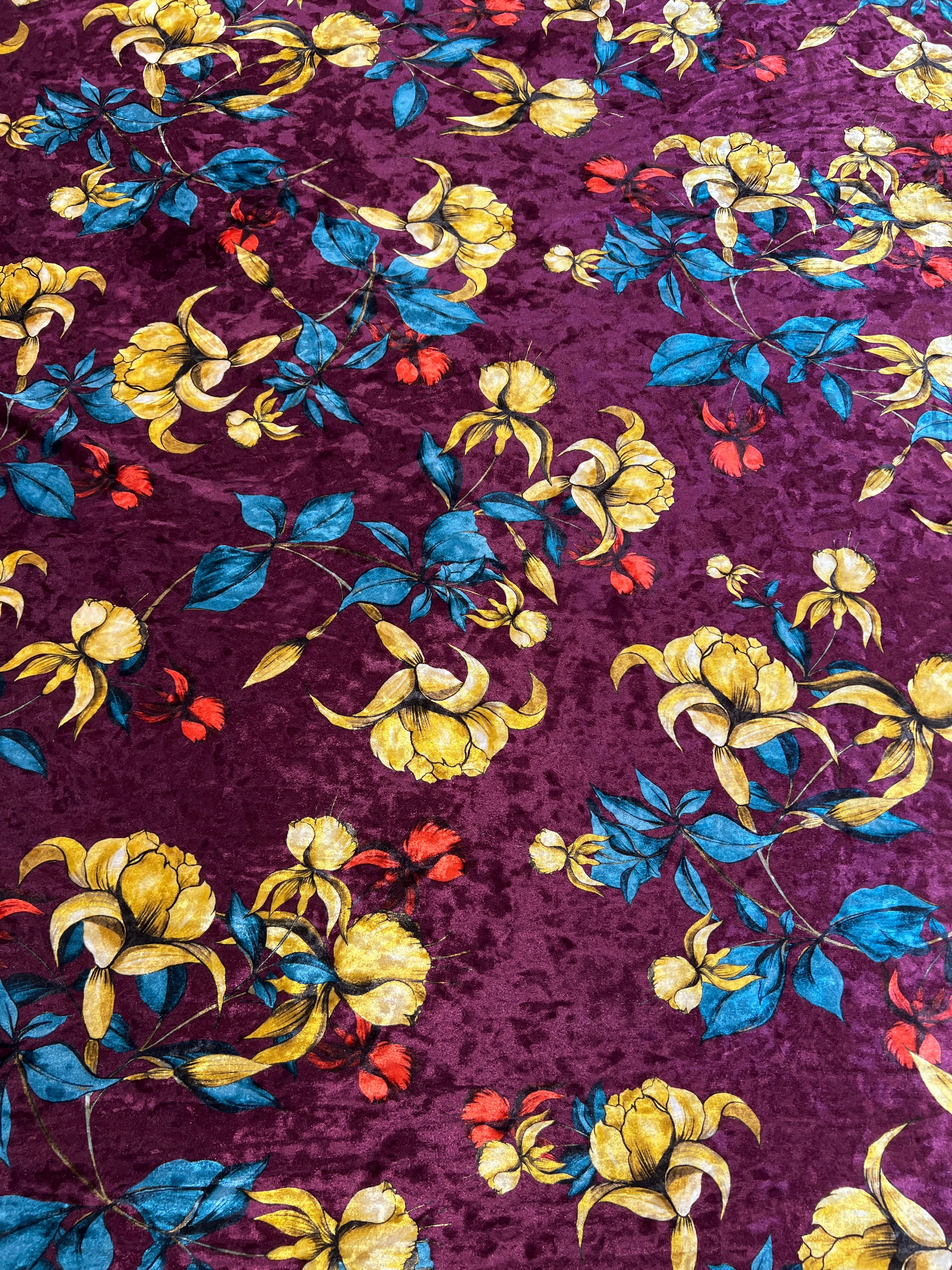 Golden Iris Floral Velvet Fabric – Burgundy, Teal & Gold