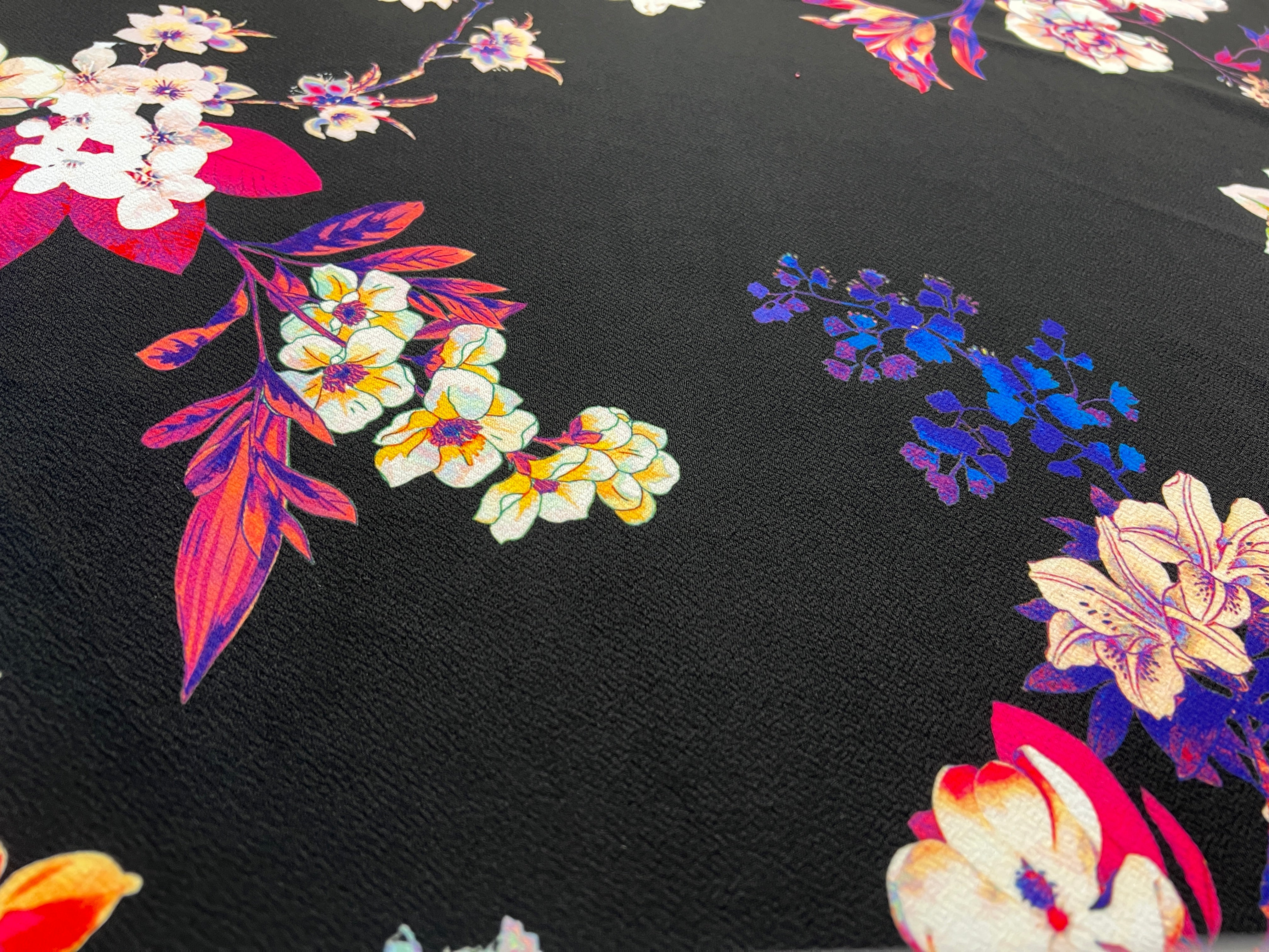 Black Multicolour Floral Liverpool Fabric – Textured Stretch Knit, 148cm Wide Dress Fabric