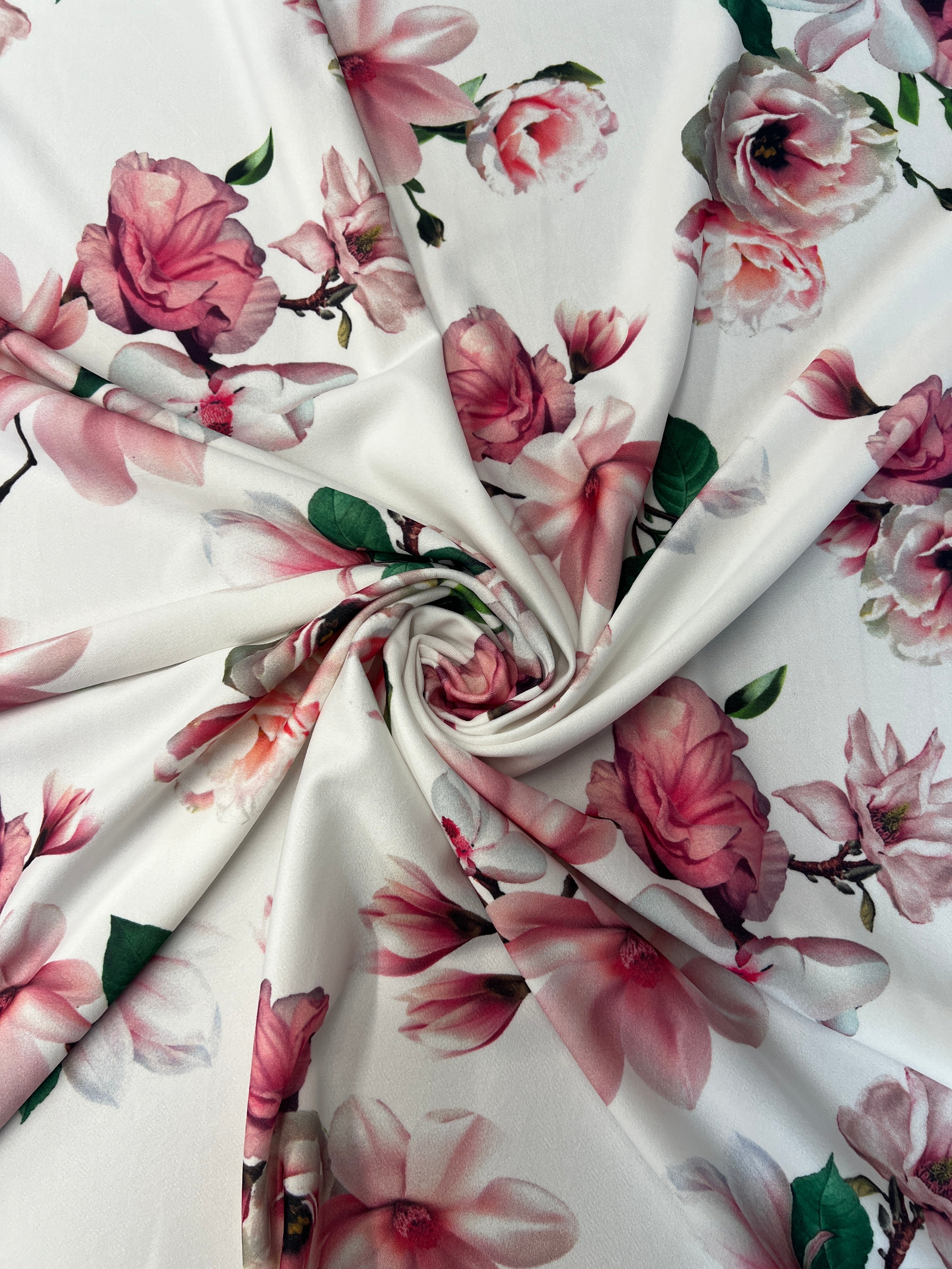 Ivory Pink Rose Floral Scuba Crepe Fabric