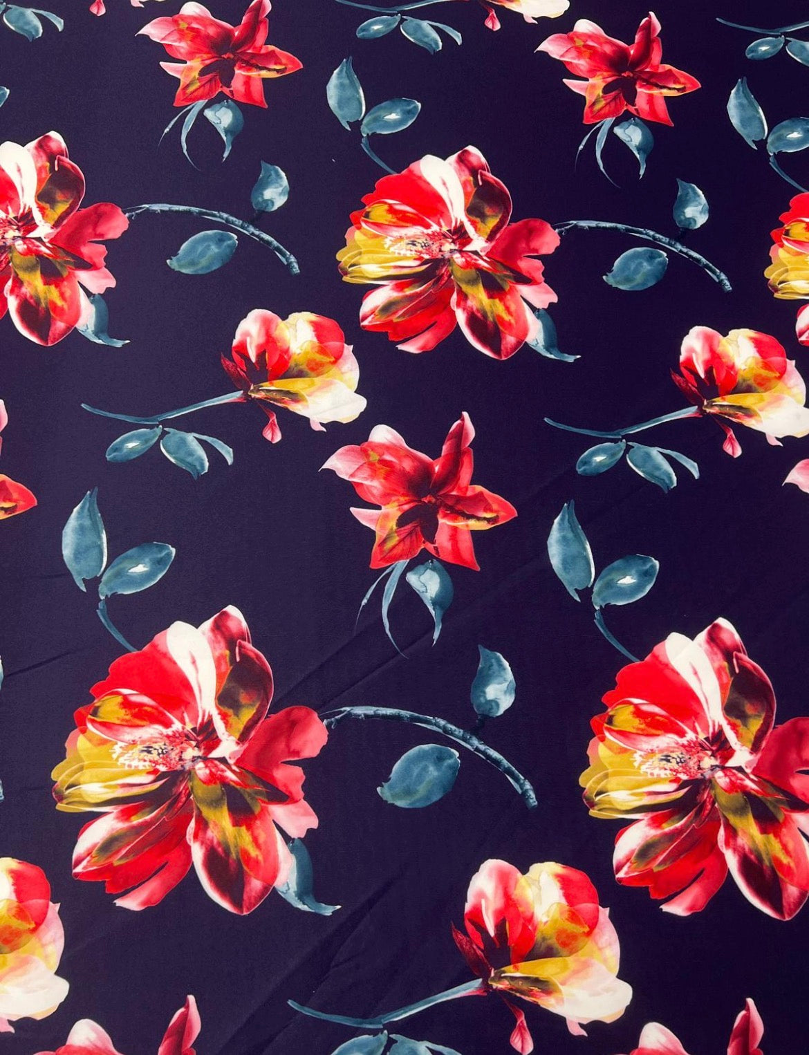 Navy Watercolour Floral Scuba Fabric – Red & Teal Blooms