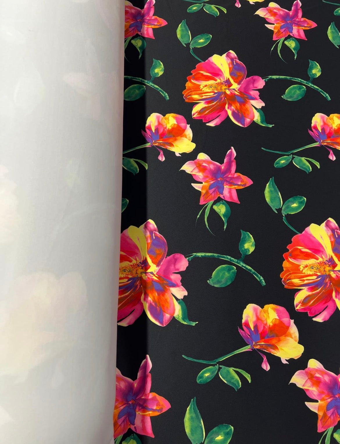 Black Vibrant Watercolour Floral Scuba Crepe Fabric