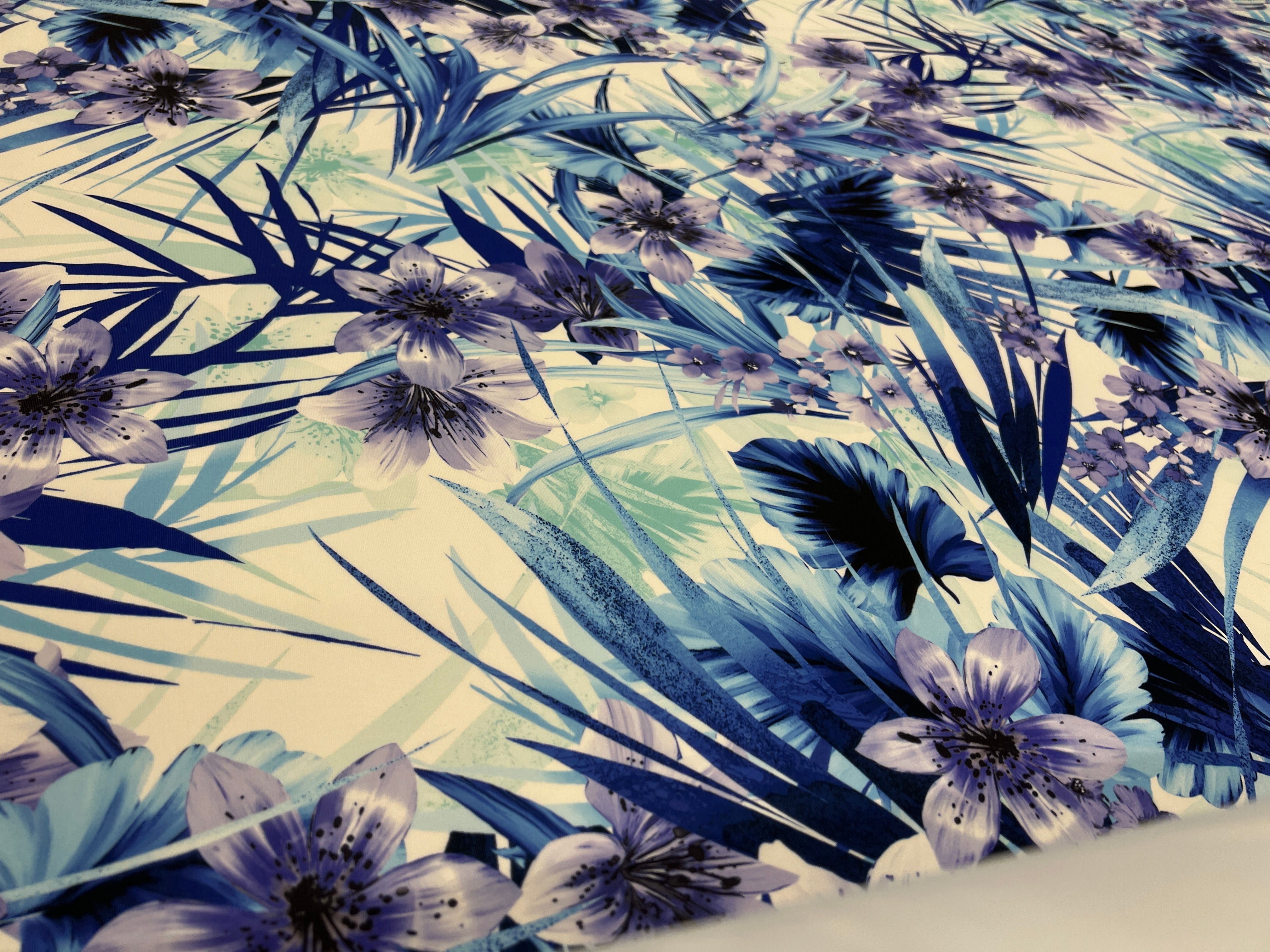 Blue Tropical Floral Scuba Fabric – Lilies & Palm Leaf Print