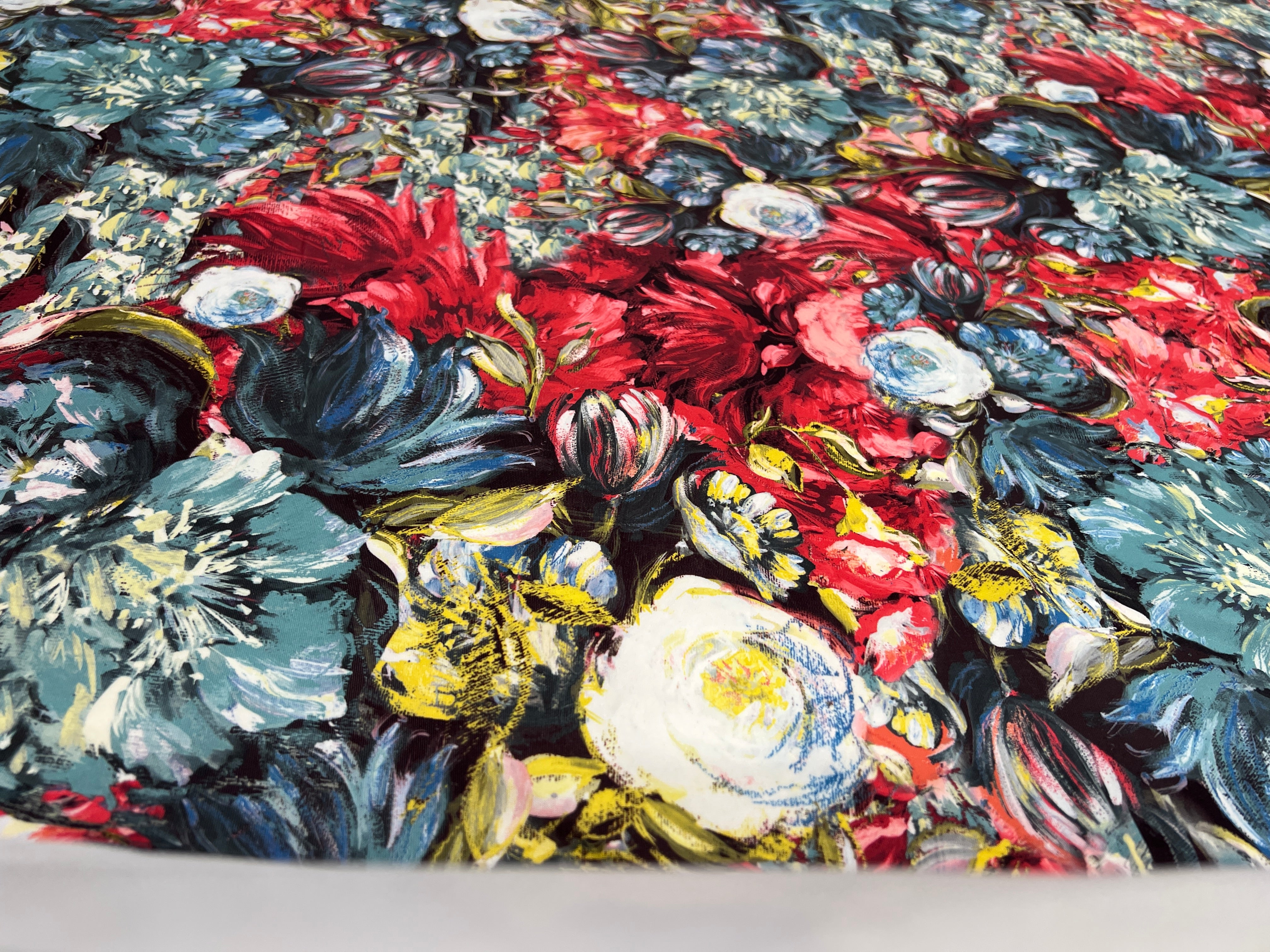 Abstract Floral Lightweight Scuba Fabric – Red Blue & Black Flower Print