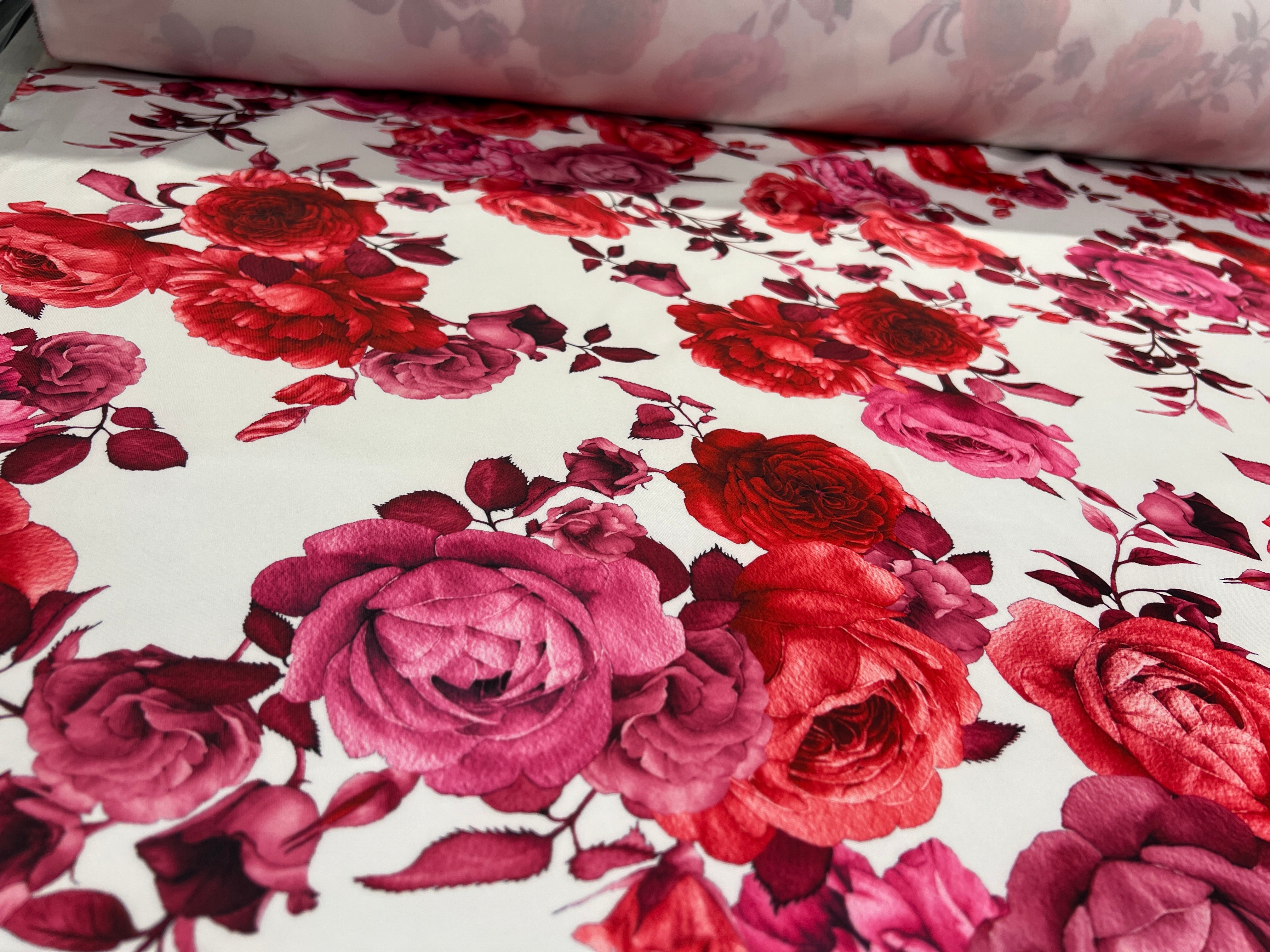 Crimson Rose Floral Scuba Fabric – White, Red & Pink