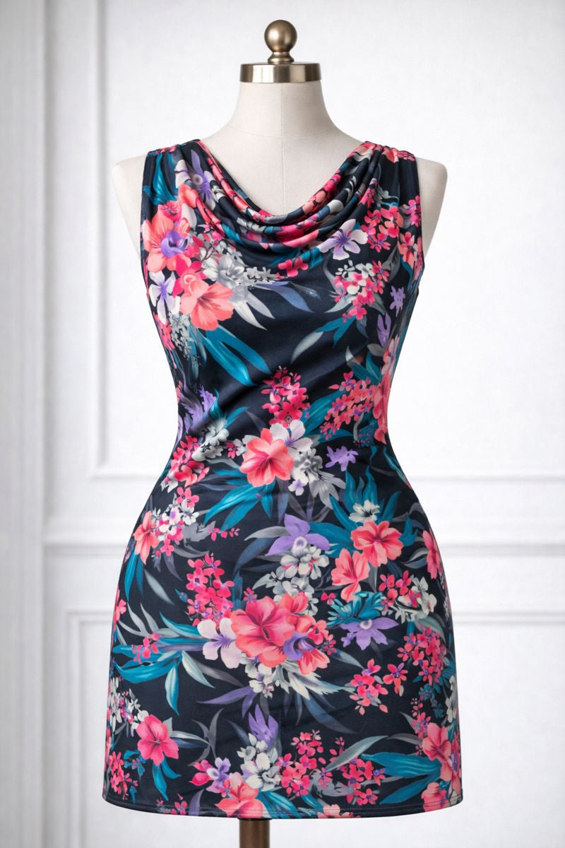 Floral dress on a mannequin against a white background