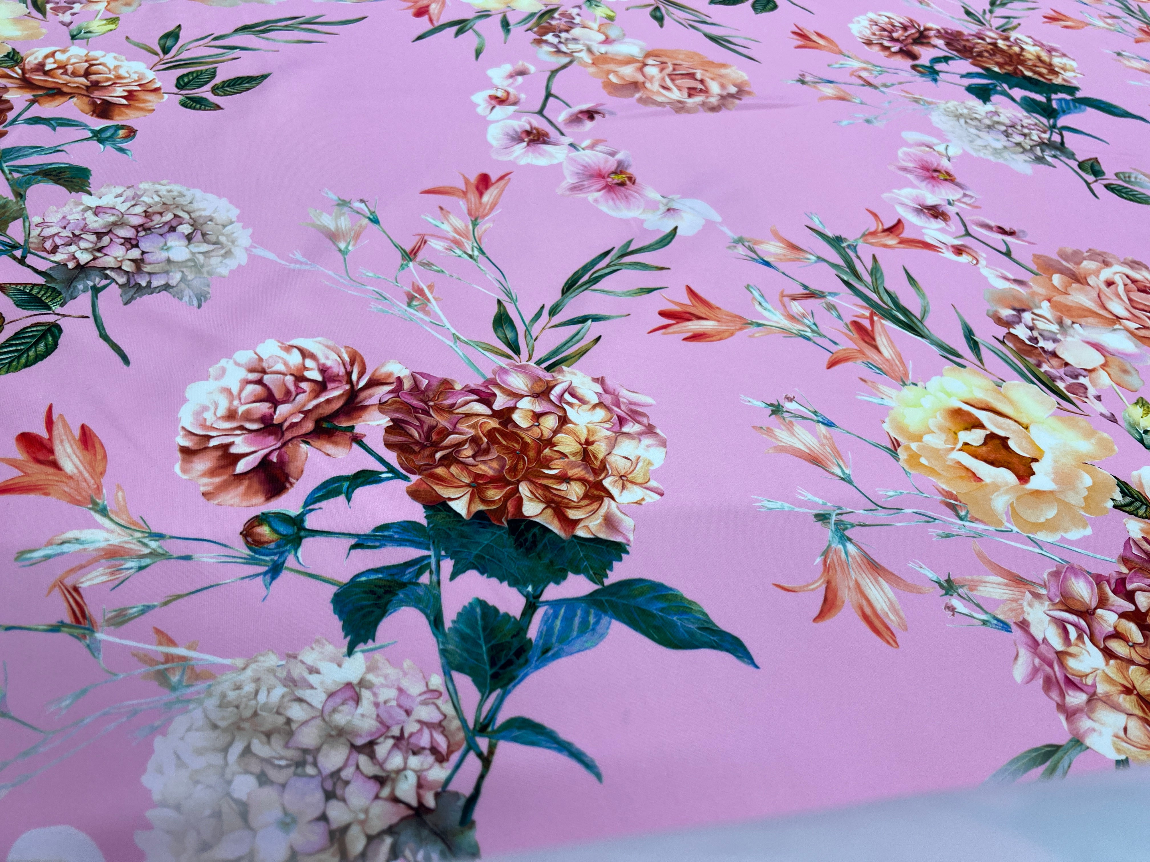 Pink Floral Scuba Fabric – Large Rose  Hydrangea Print