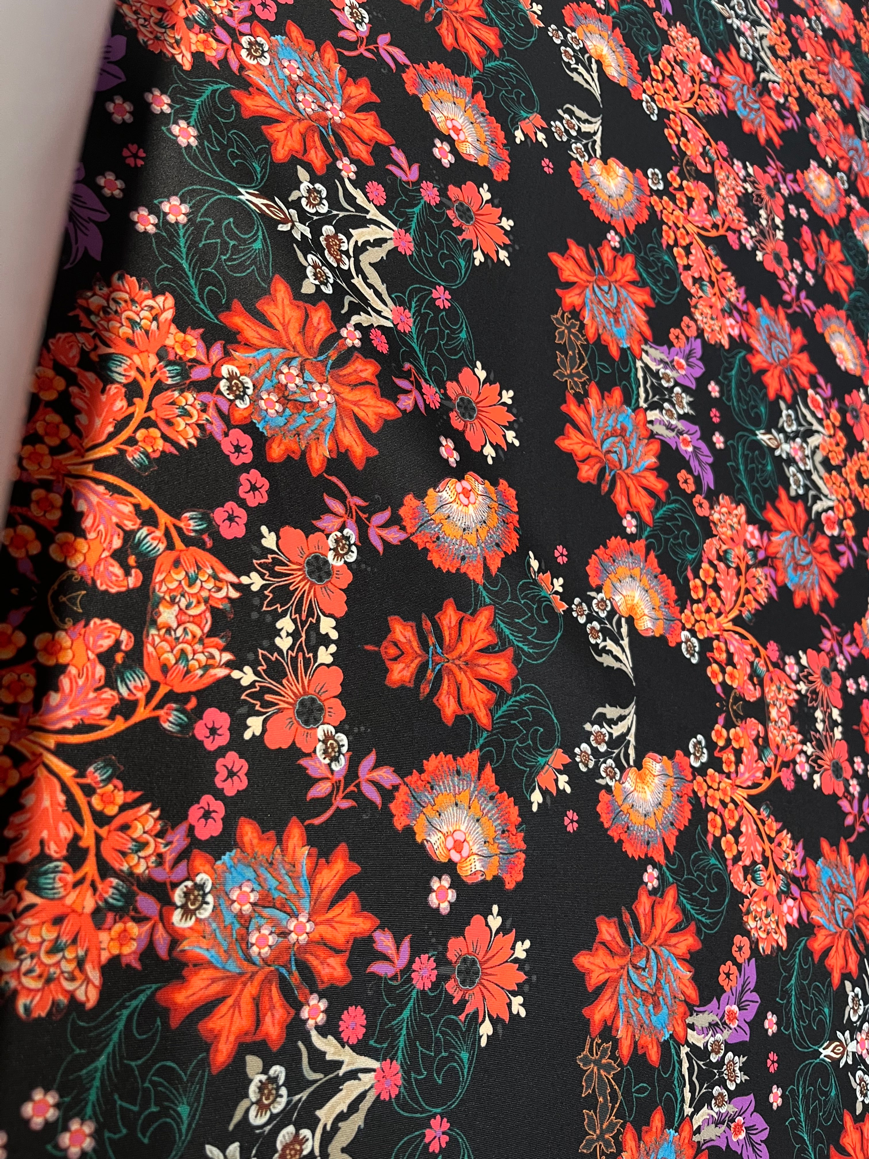 Black Floral Scuba Fabric – Red & Multicolor Floral Stretch Scuba Material for Dresses & Statement Apparel 130cm