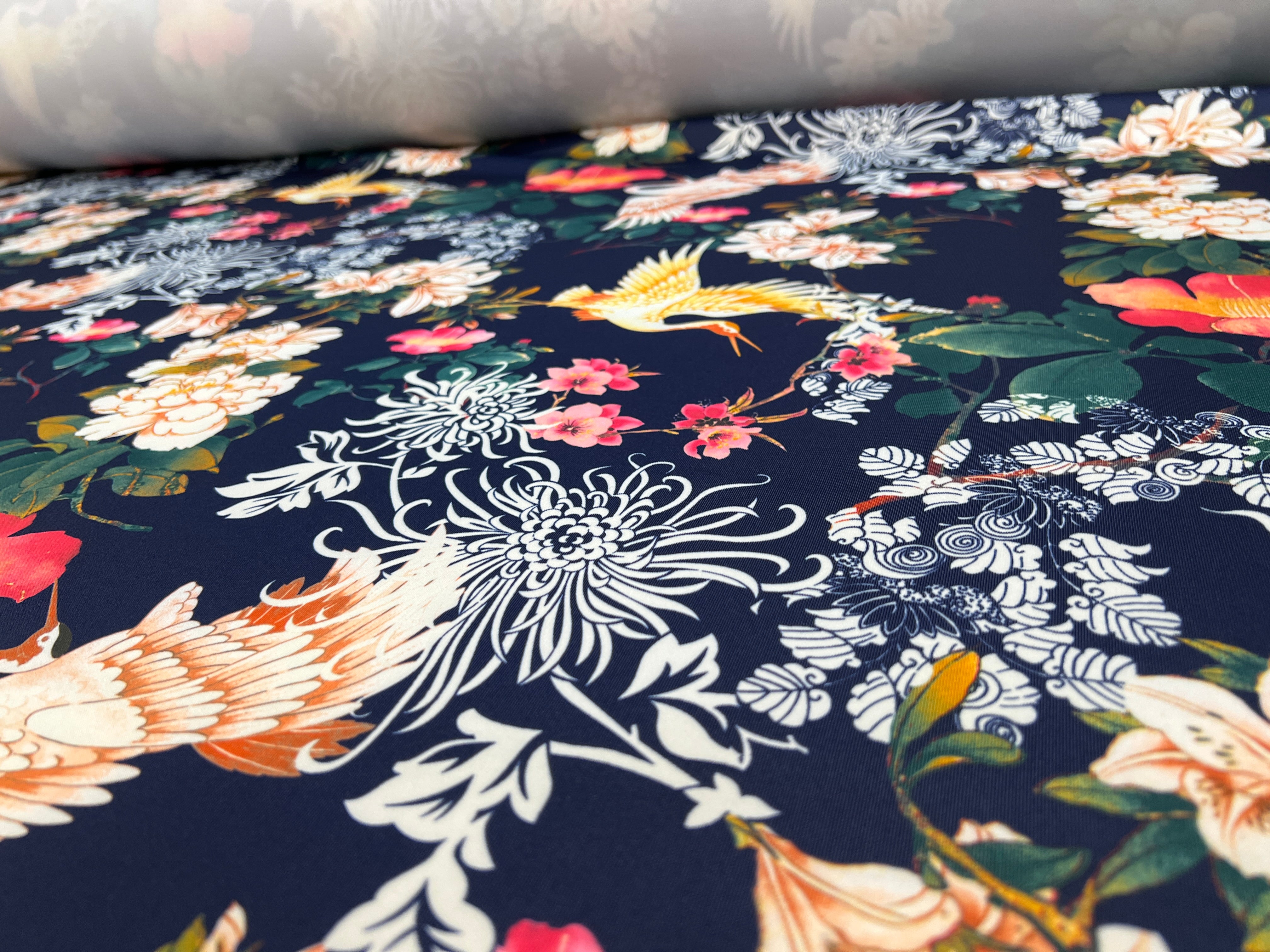 Navy Oriental Crane Floral Scuba Fabric – Japanese Botanical Print