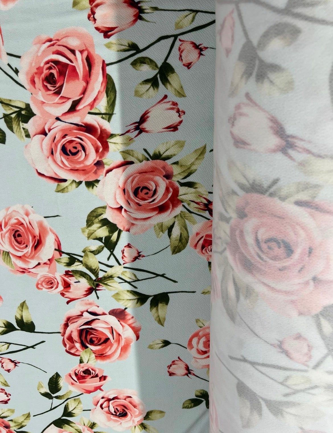 Blush Pink Rose Floral Liverpool Fabric – Soft Blue & Green