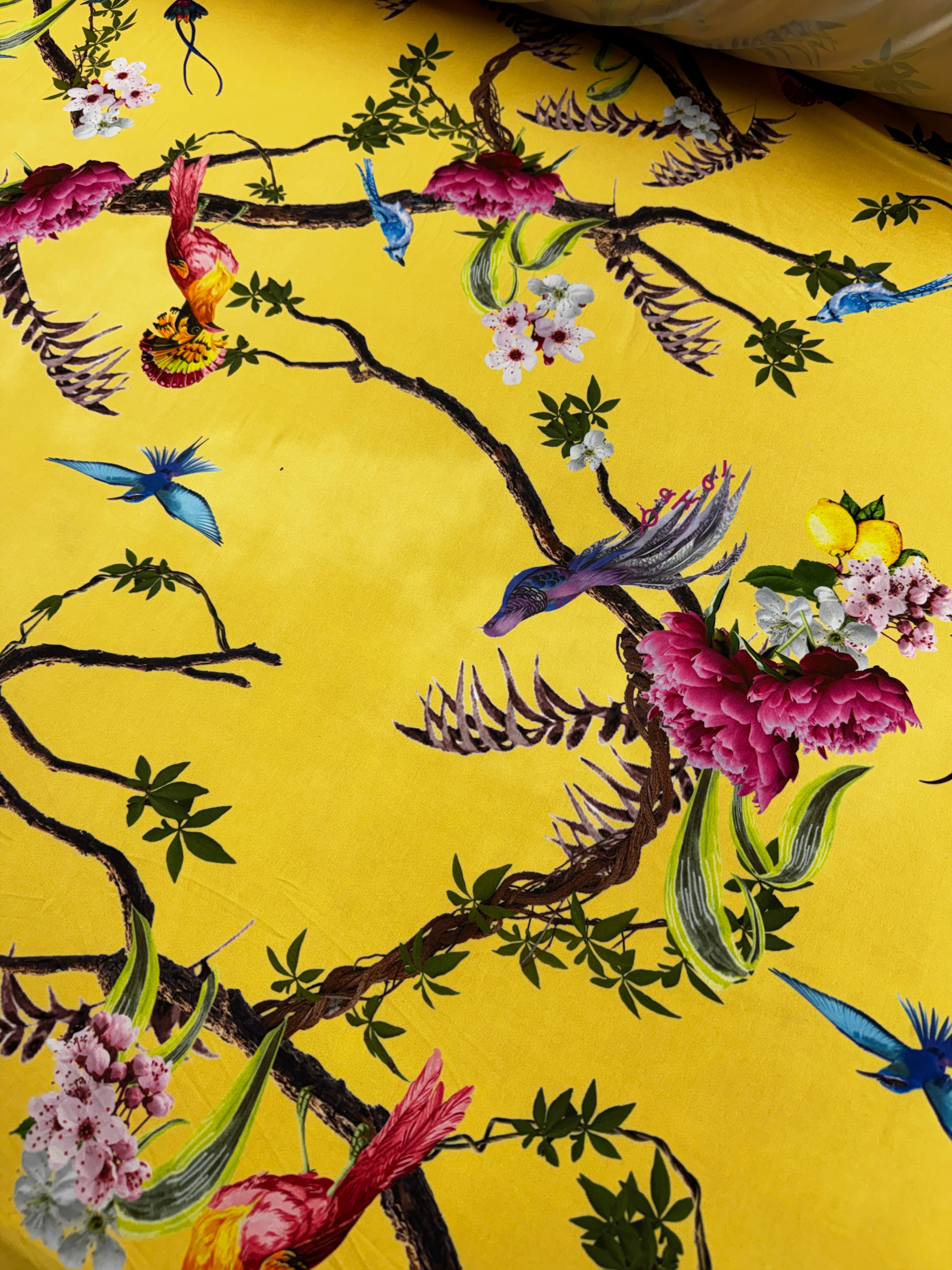 Yellow Bird & Blossom Slinky Fabric – Soft Touch Stretch Jersey, 147cm Wide
