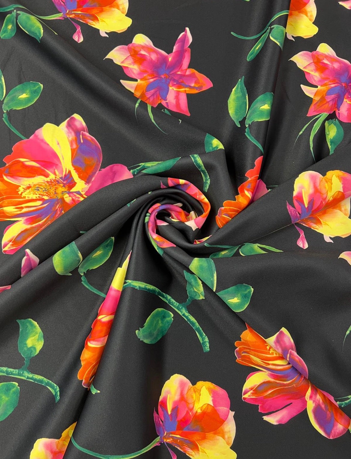 Black Vibrant Watercolour Floral Scuba Crepe Fabric