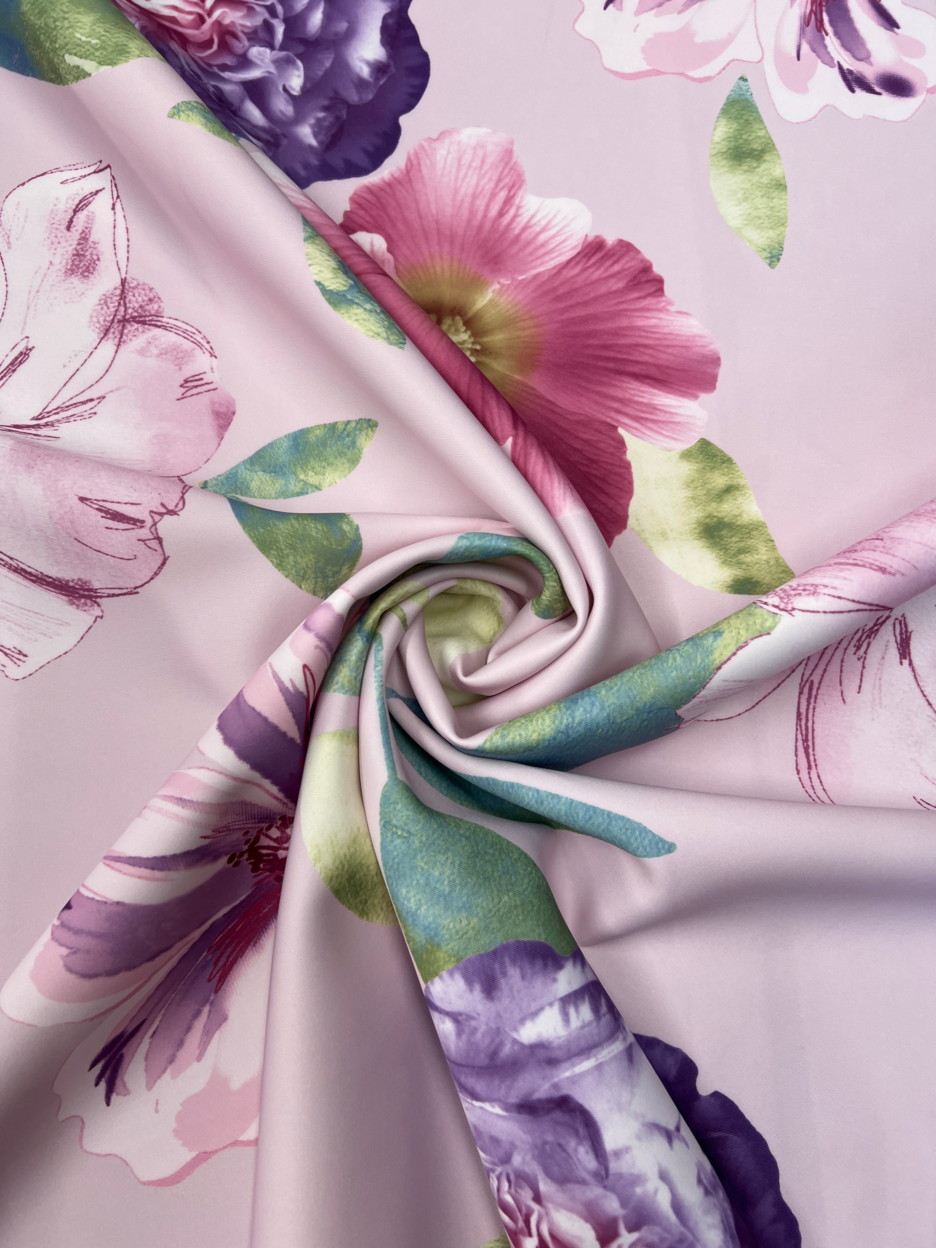 Blush Pink & Purple Watercolour Peony Floral Scuba Fabric – violet peonies and pink hibiscus with watercolour leaves on a blush pink ground
