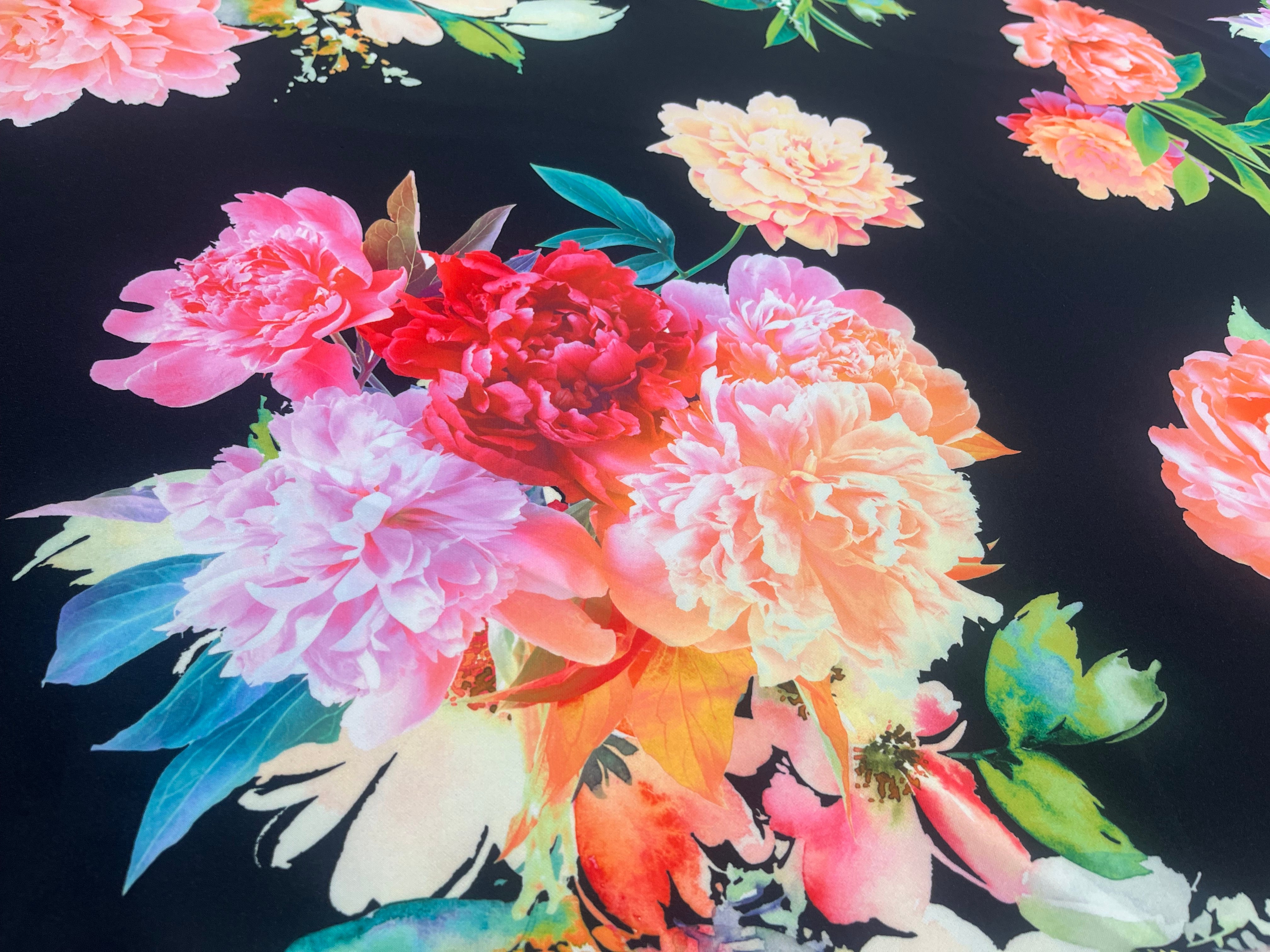 Black Peony Floral Print Scuba Fabric – Vibrant Garden Bloom