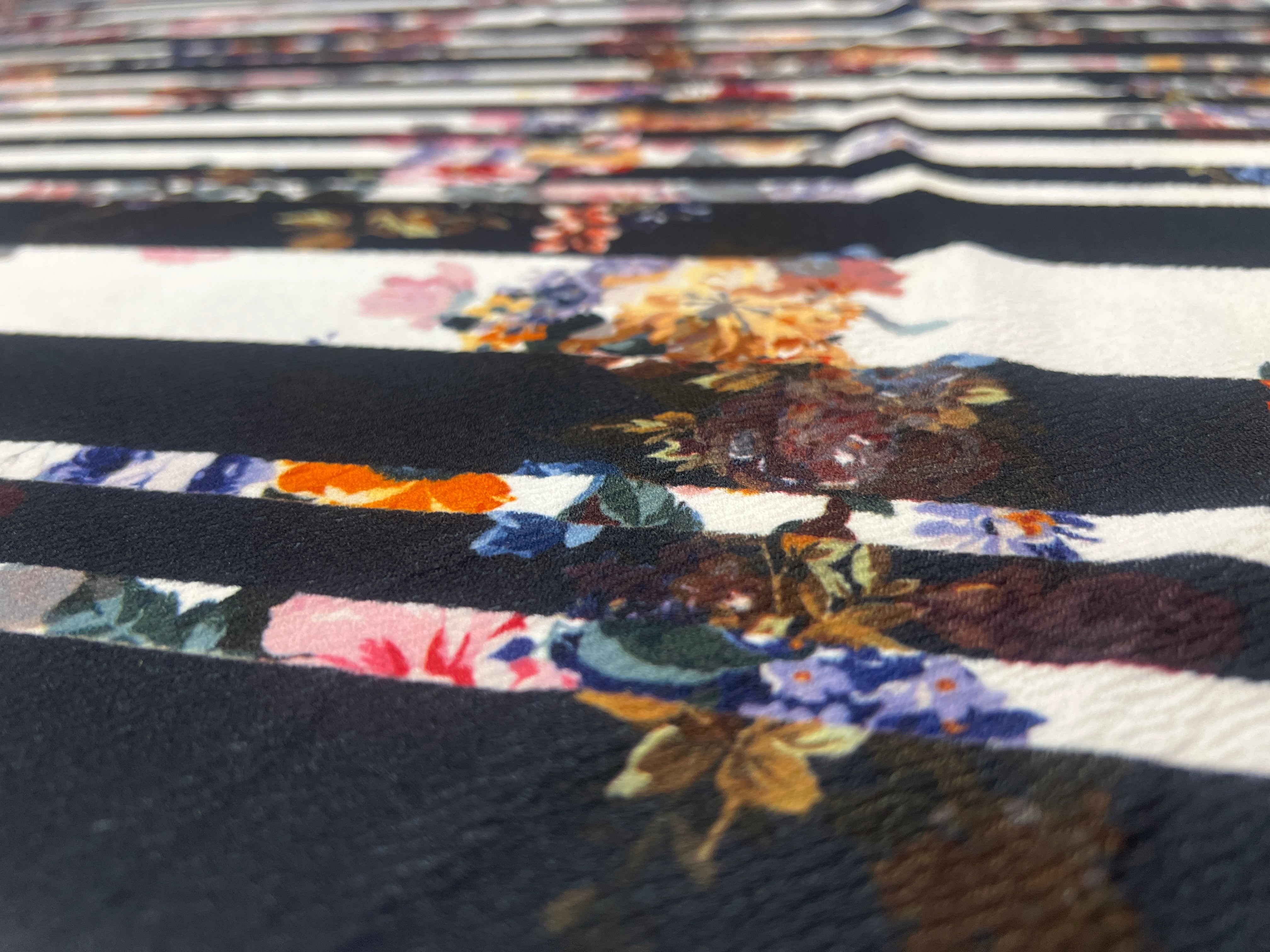 Black & White Floral Stripe Liverpool Fabric