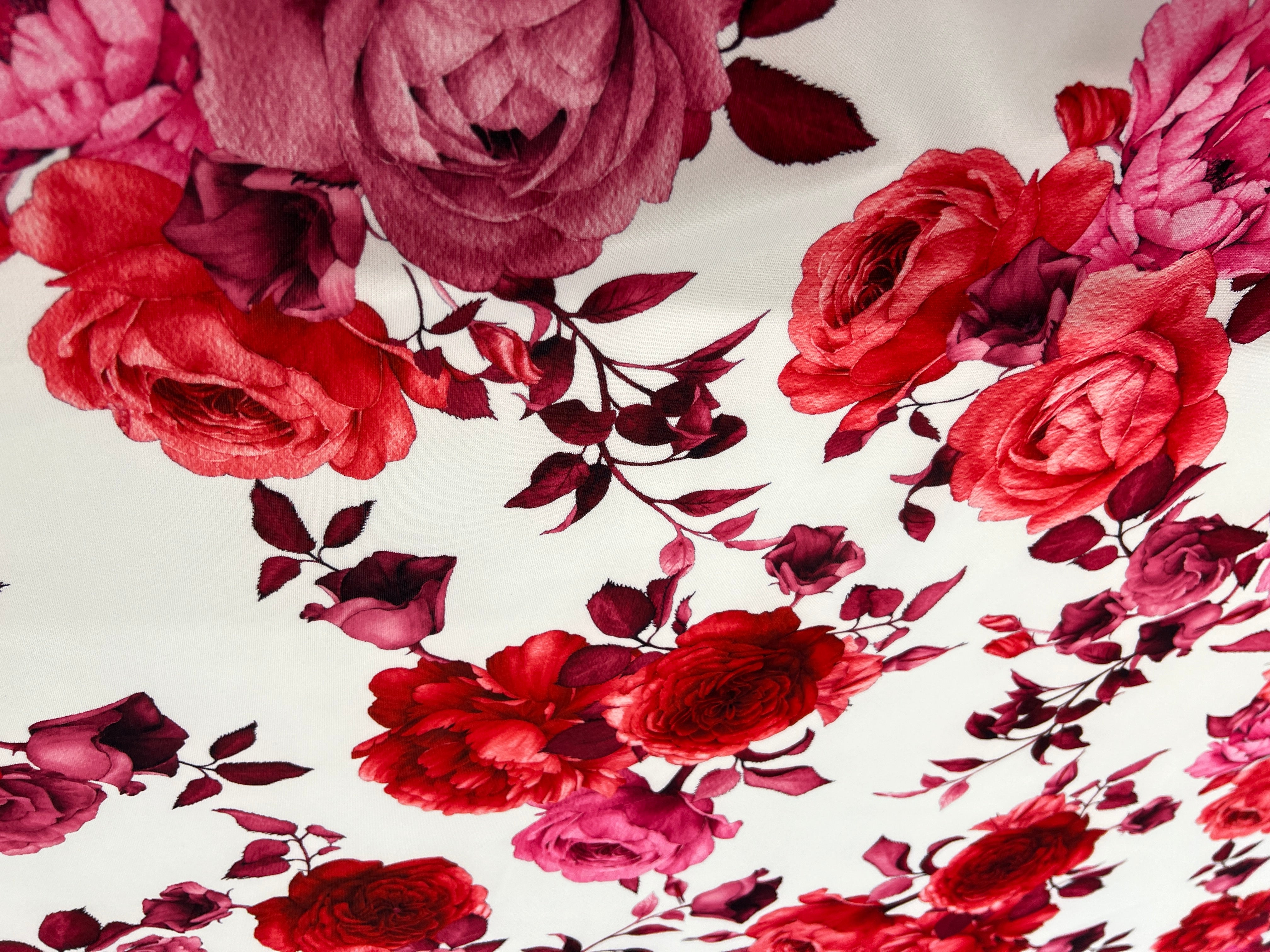 Crimson Rose Floral Scuba Fabric – White, Red & Pink