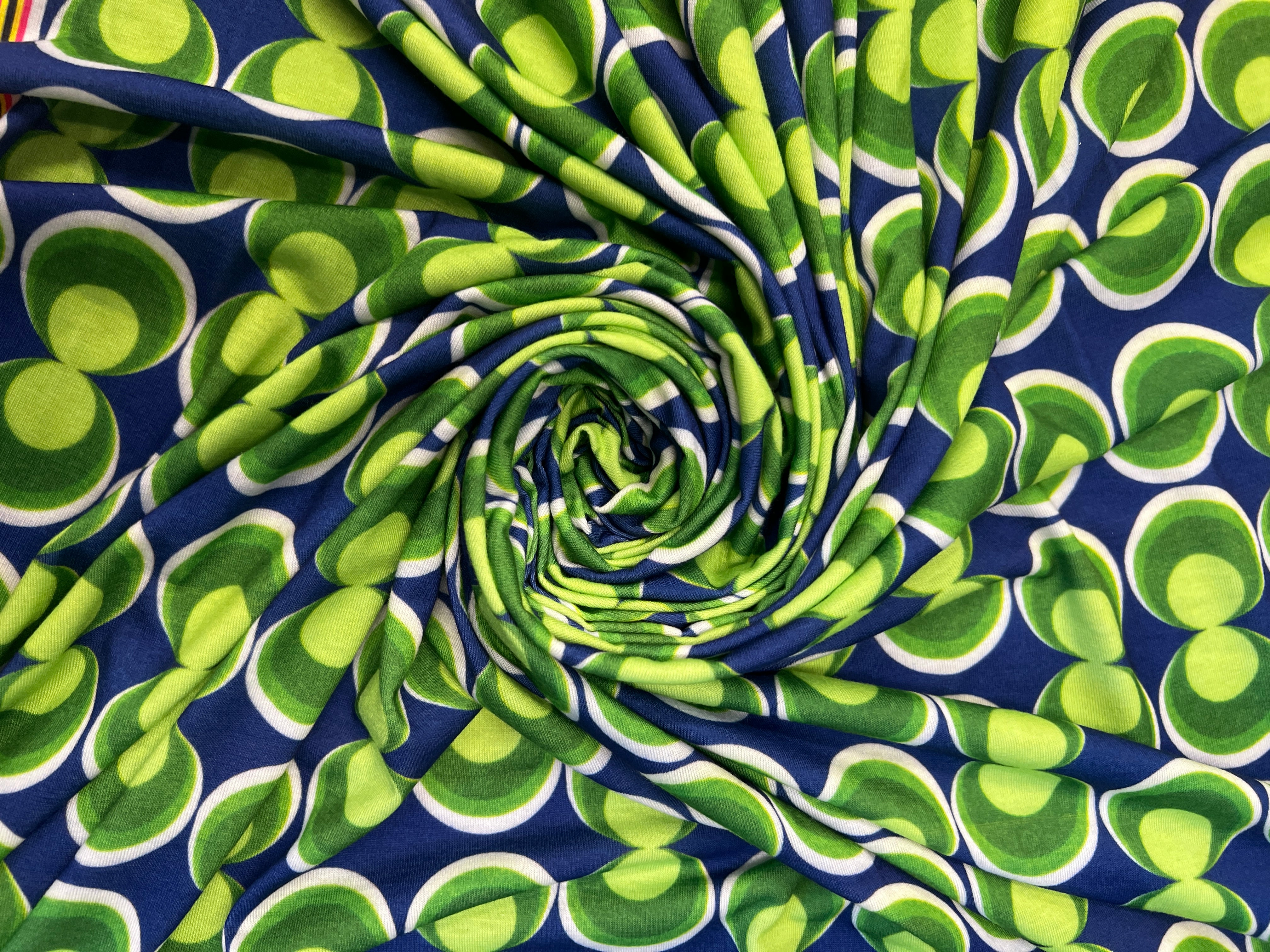 Blue & Green Retro Geometric Spun Polyester Fabric – Circle Print Dress Fabric, 153cm Wide
