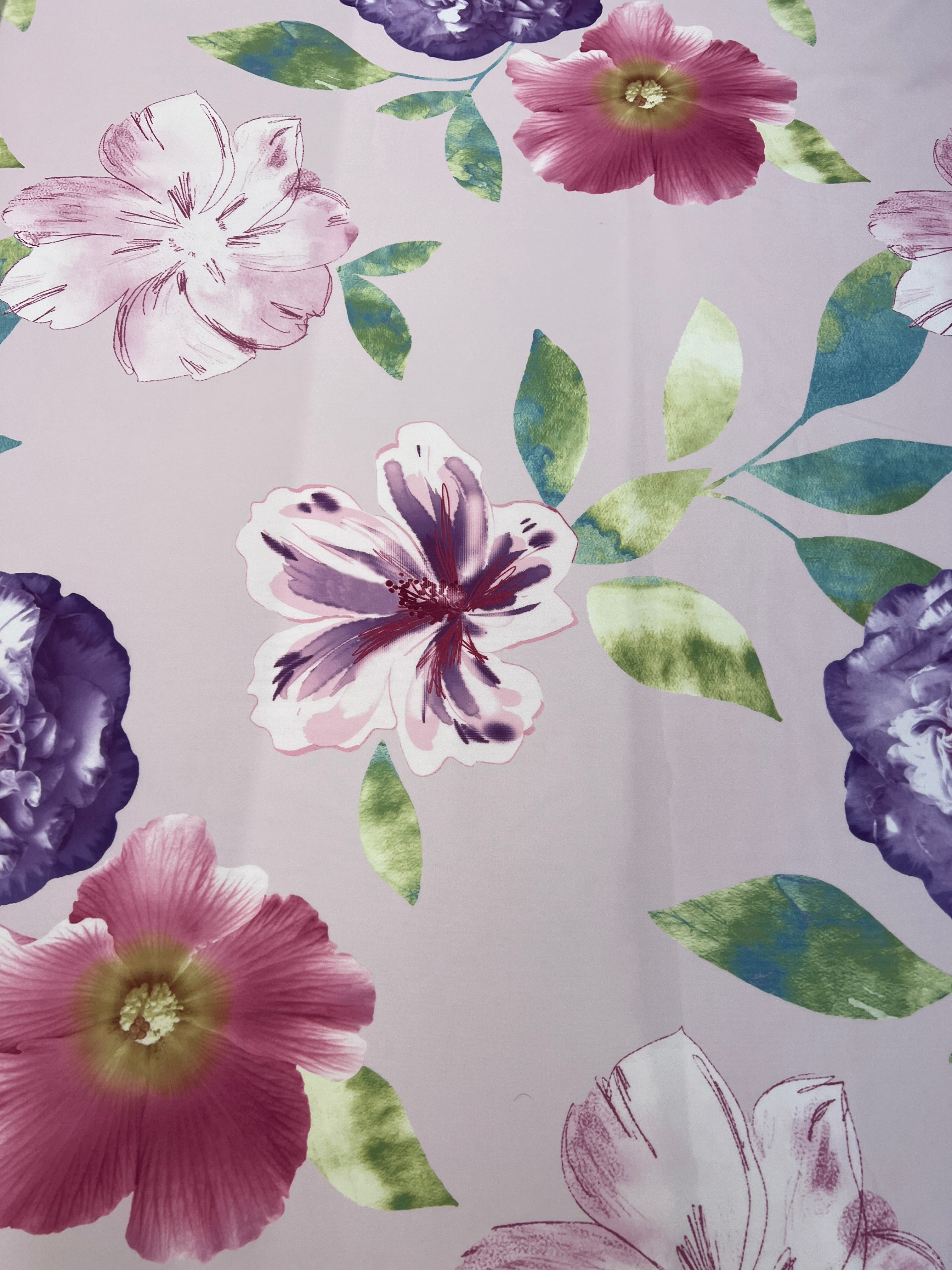 Blush Pink & Purple Watercolour Peony Floral Scuba Fabric – violet peonies and pink hibiscus with watercolour leaves on a blush pink ground