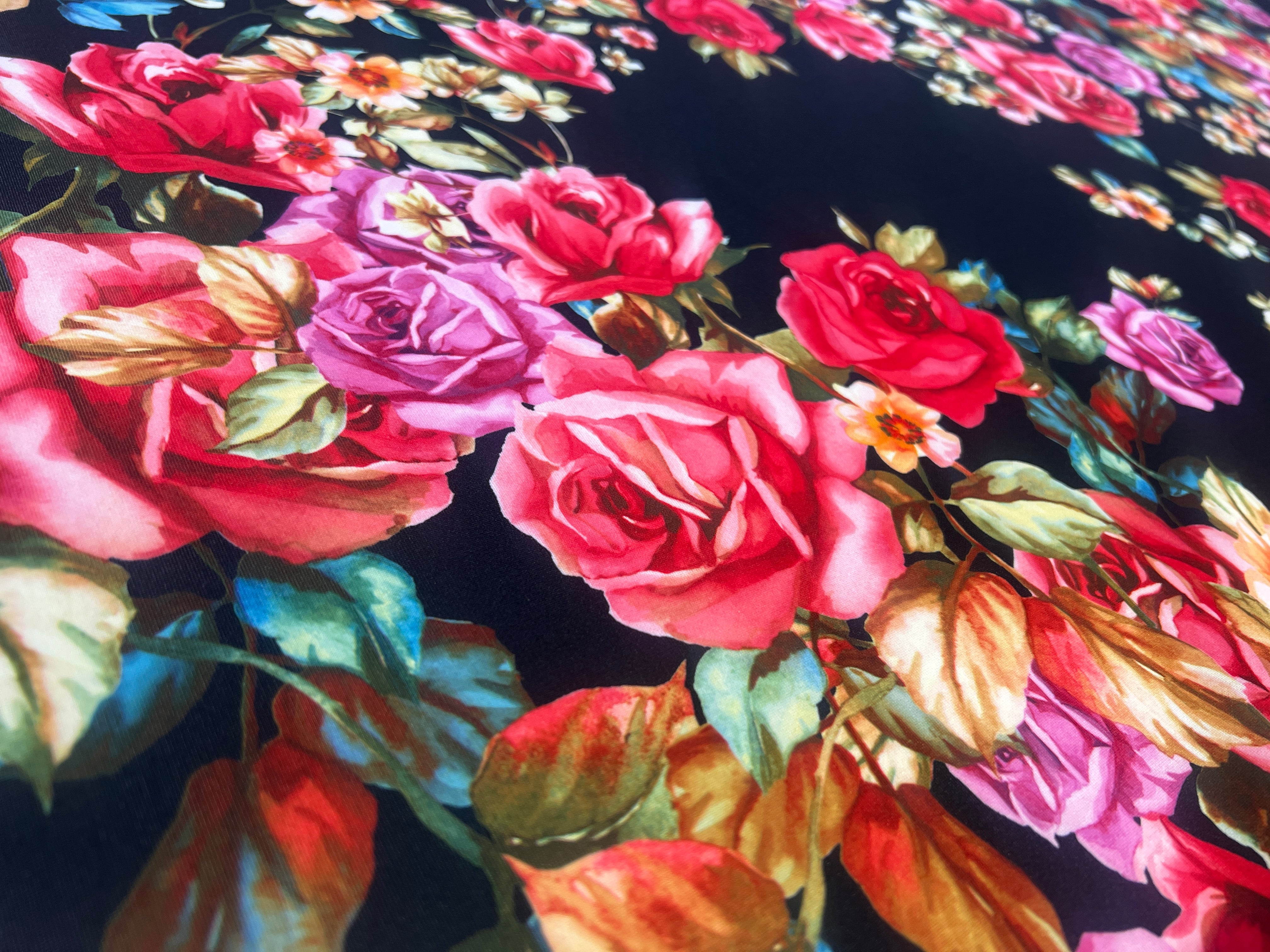Black Multi Floral Scuba Fabric – Rose Print Stretch Scuba, 155cm Wide Dress Fabric