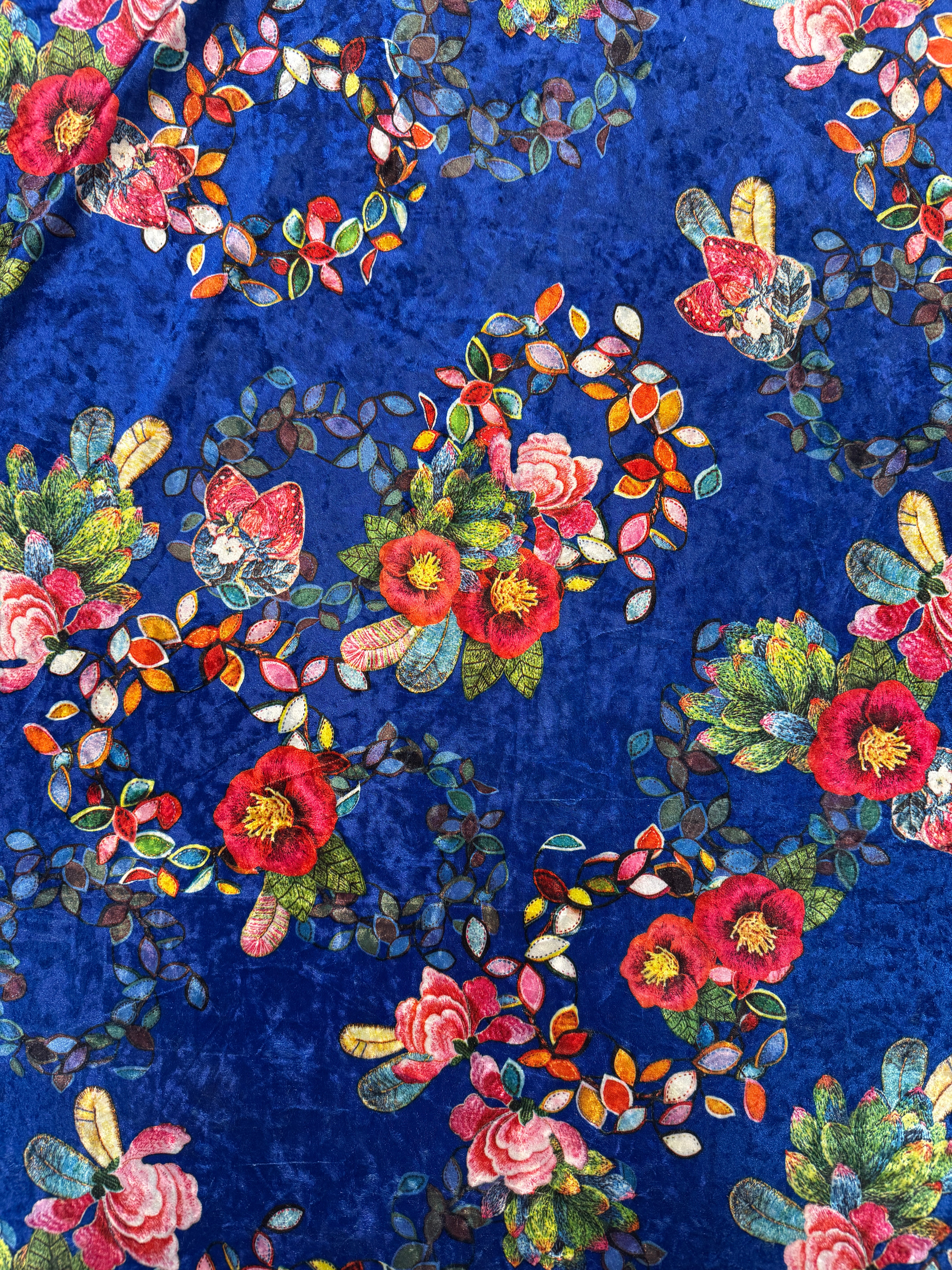 Royal Blue Floral Crushed Velvet Fabric – Multicolour Botanical Velvet, 154cm Wide Luxury Dress Fabric