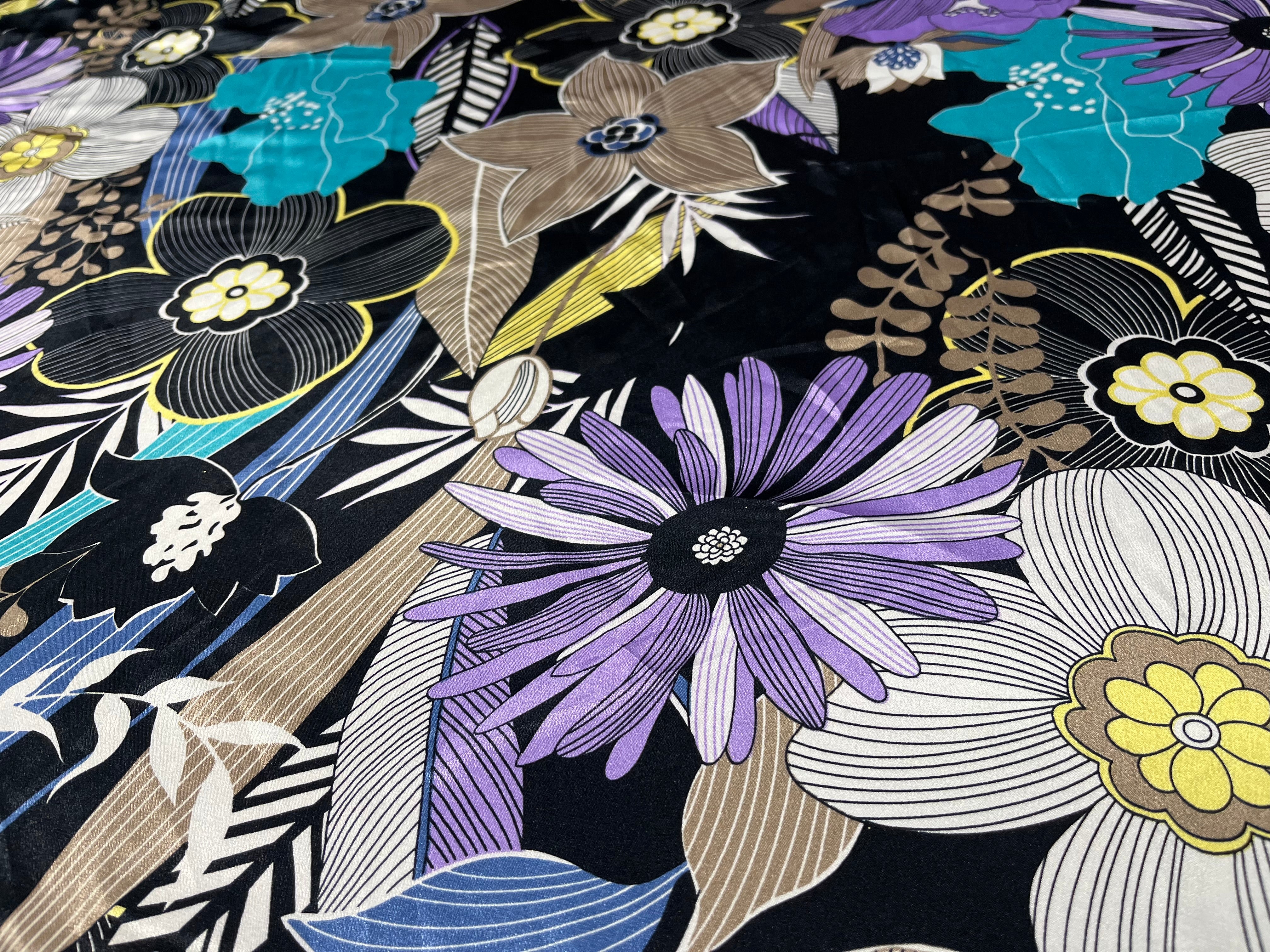 Black Satin Floral Fabric Purple Teal Gold Flower Print Dress Craft 143cm Wide